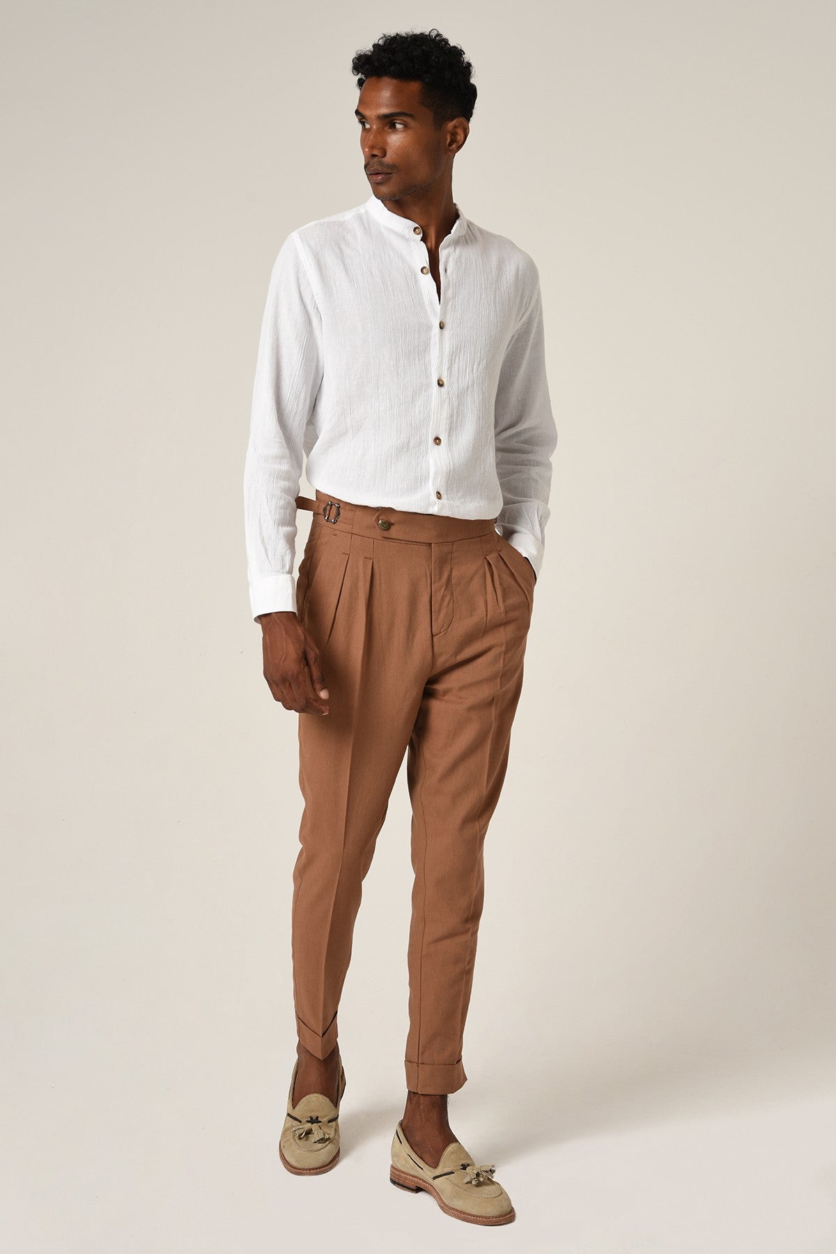 Antioch High-Waisted Belted Pleated Linen Pants