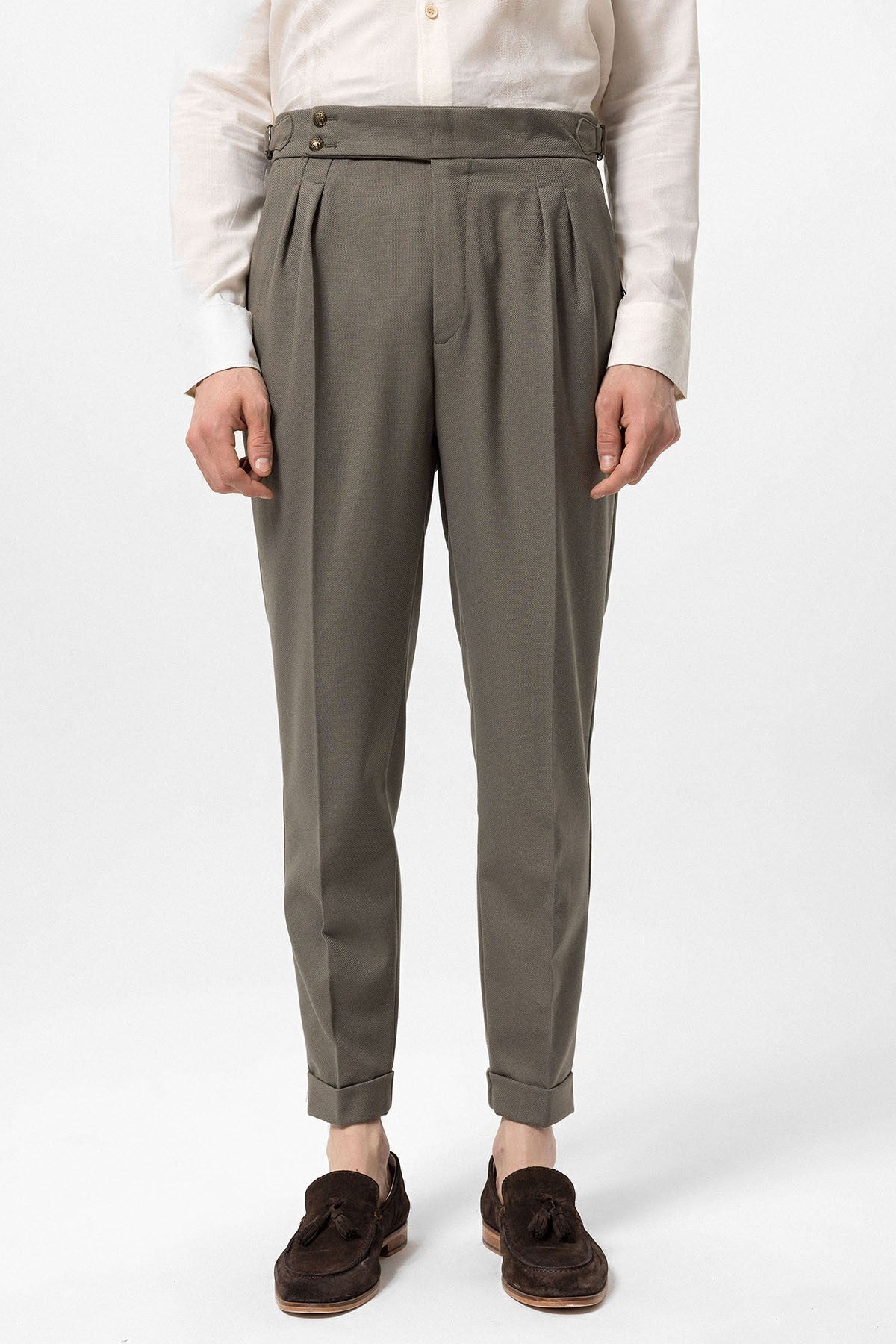 Antioch High-Waisted Pleated Pants with Side Buckles