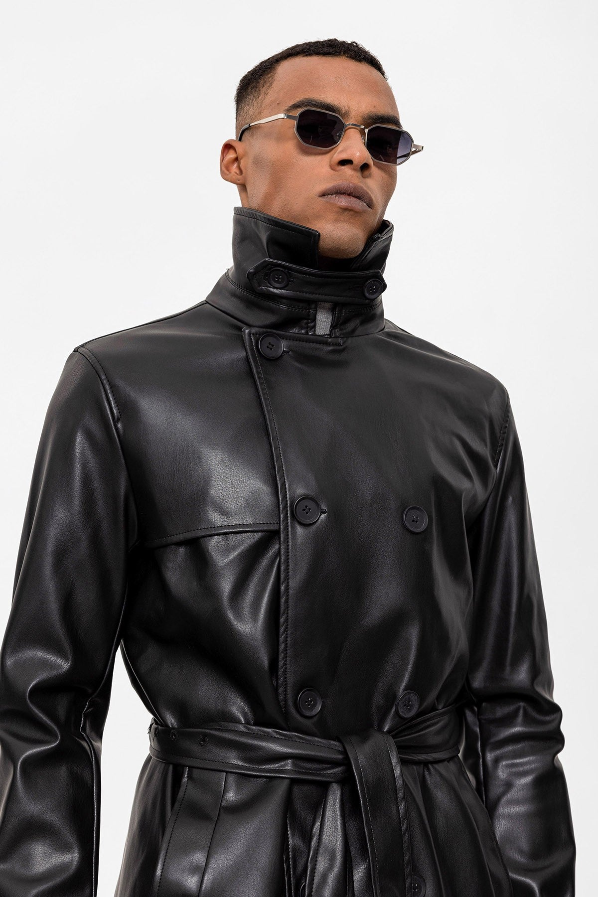 Antioch Men's Belted Double-Breasted Faux Leather Trench Coat