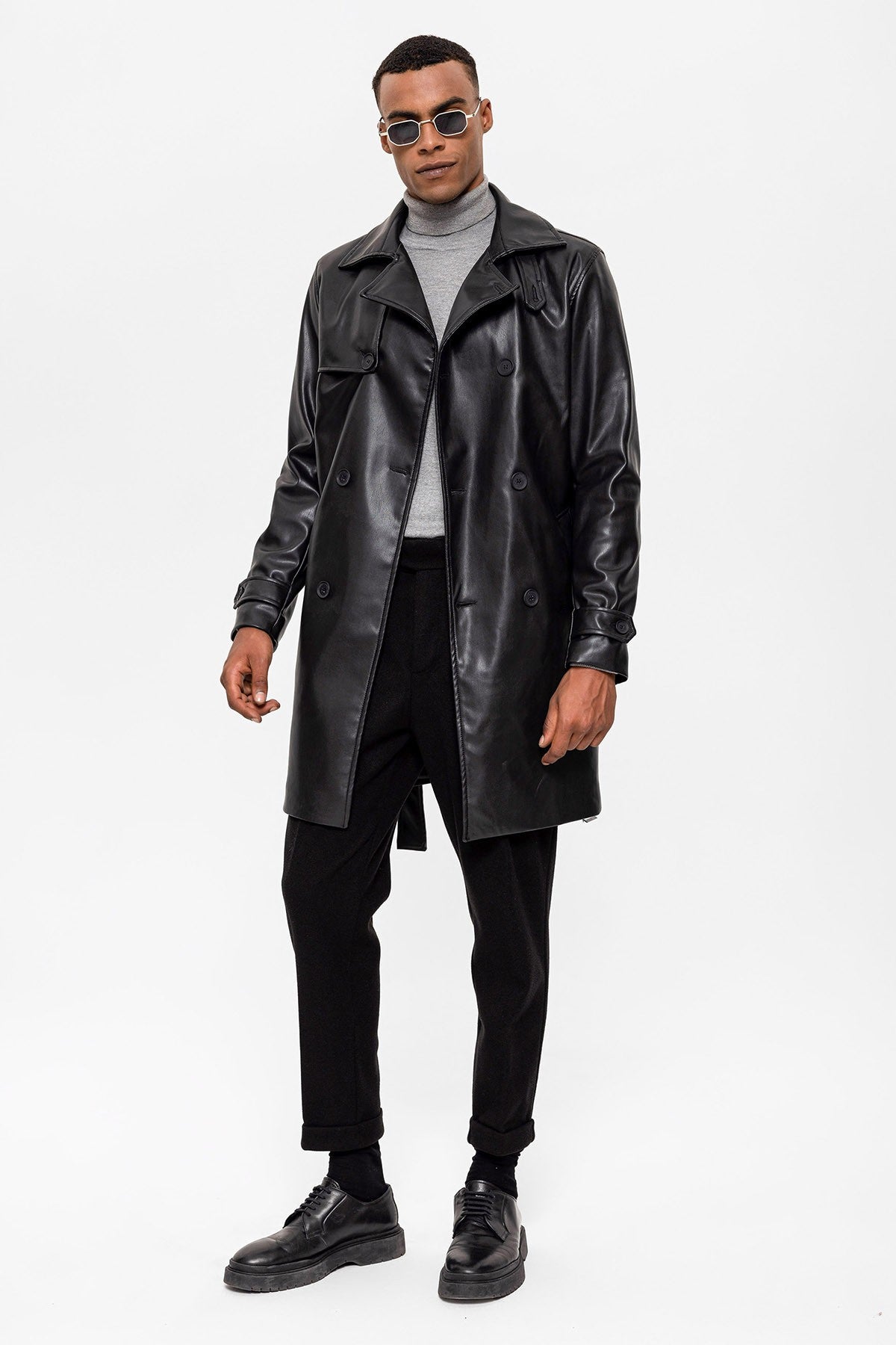 Antioch Men's Belted Double-Breasted Faux Leather Trench Coat