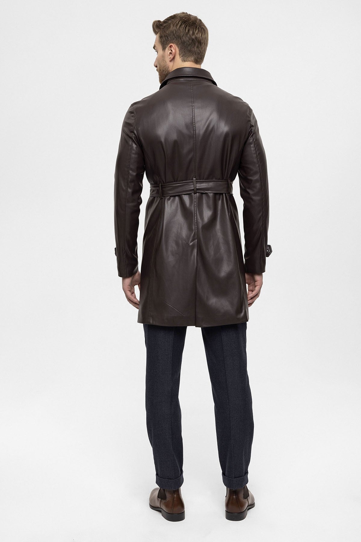 Antioch Men's Belted Double-Breasted Faux Leather Trench Coat
