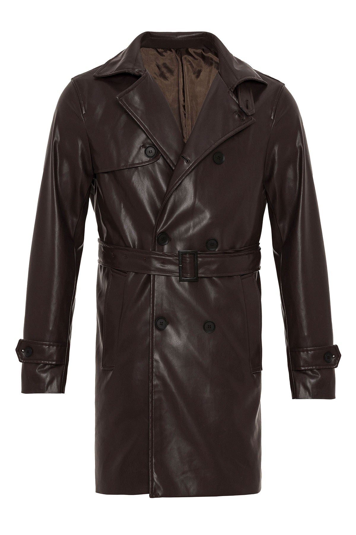 Antioch Men's Belted Double-Breasted Faux Leather Trench Coat
