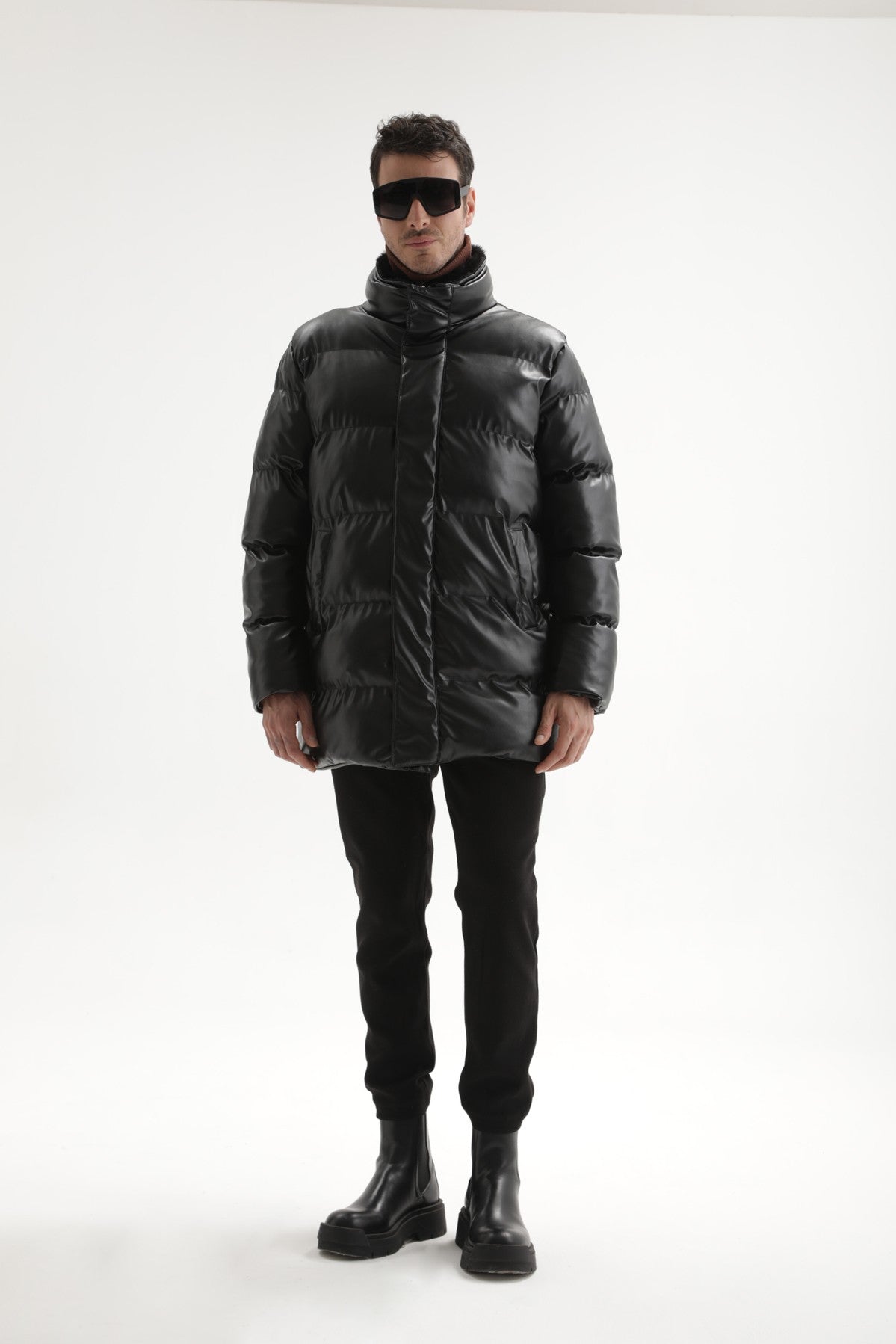 Antioch Men's Faux Leather Long Puffer Jacket with Fur Collar