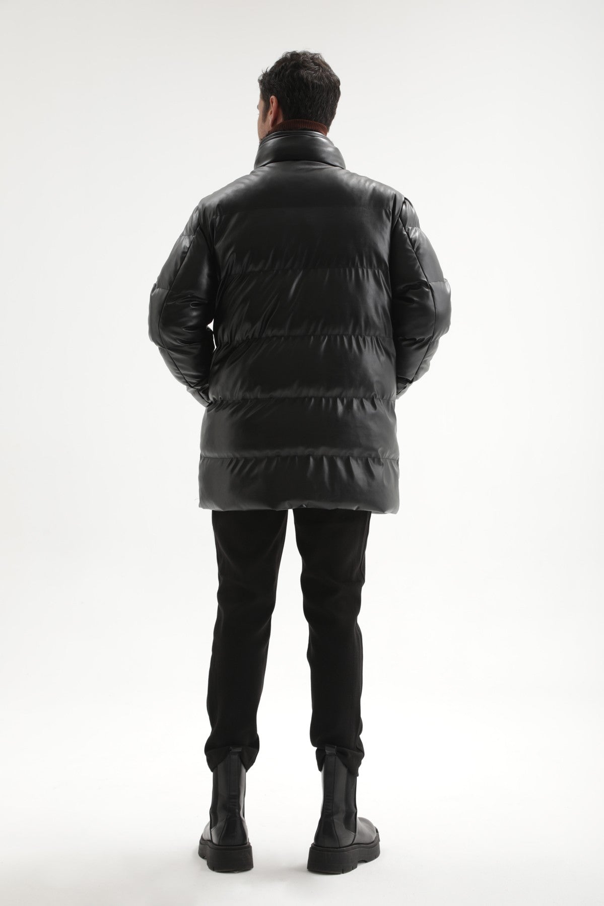 Antioch Men's Faux Leather Long Puffer Jacket with Fur Collar