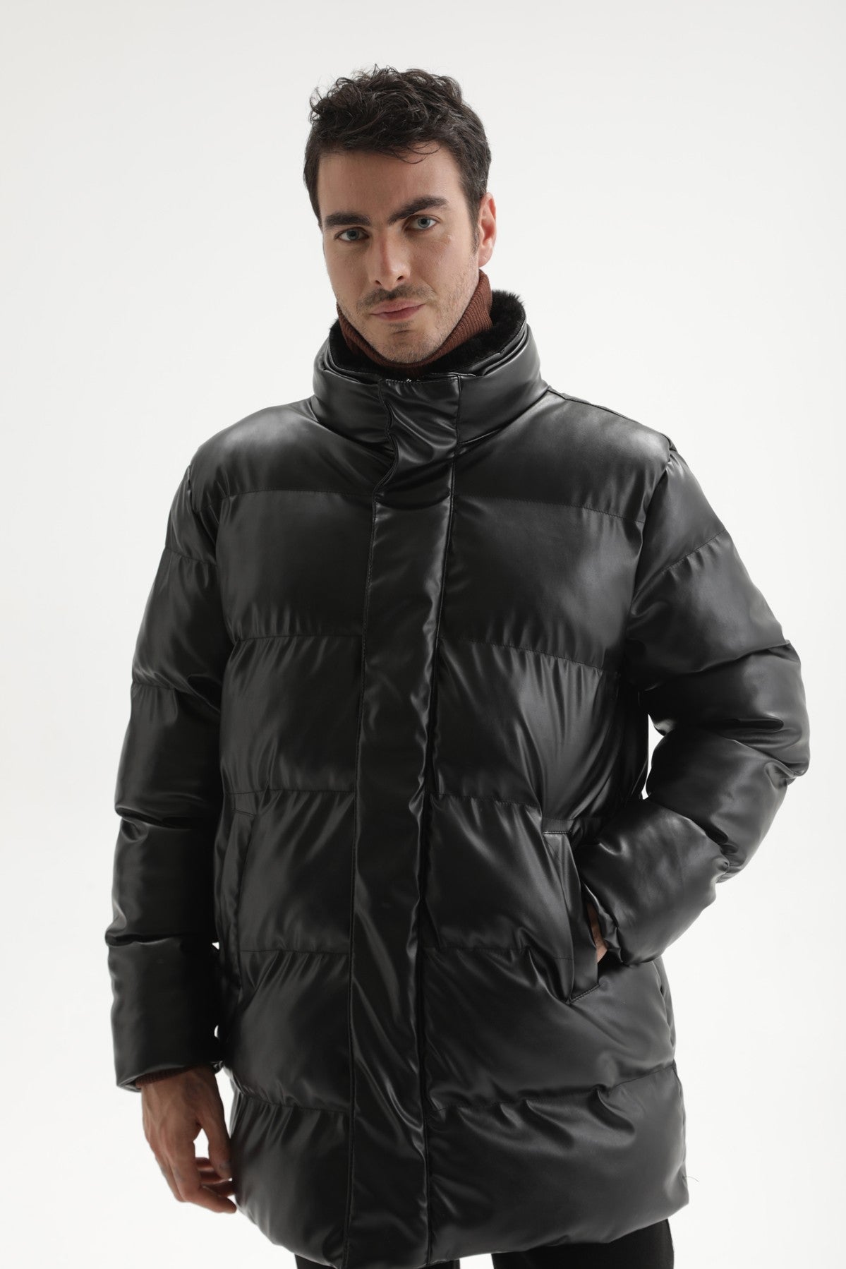 Antioch Men's Faux Leather Long Puffer Jacket with Fur Collar
