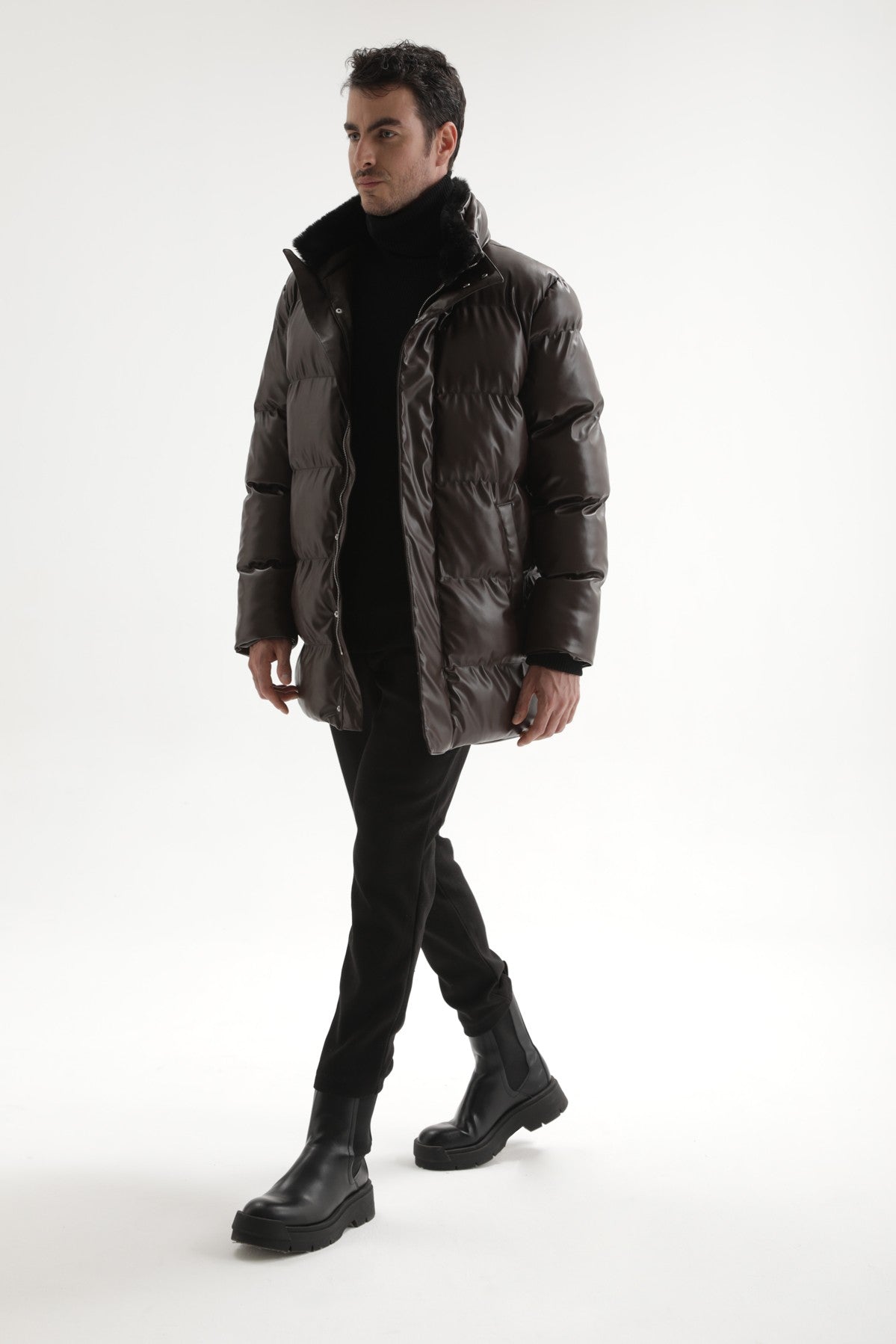 Antioch Men's Faux Leather Long Puffer Jacket with Fur Collar