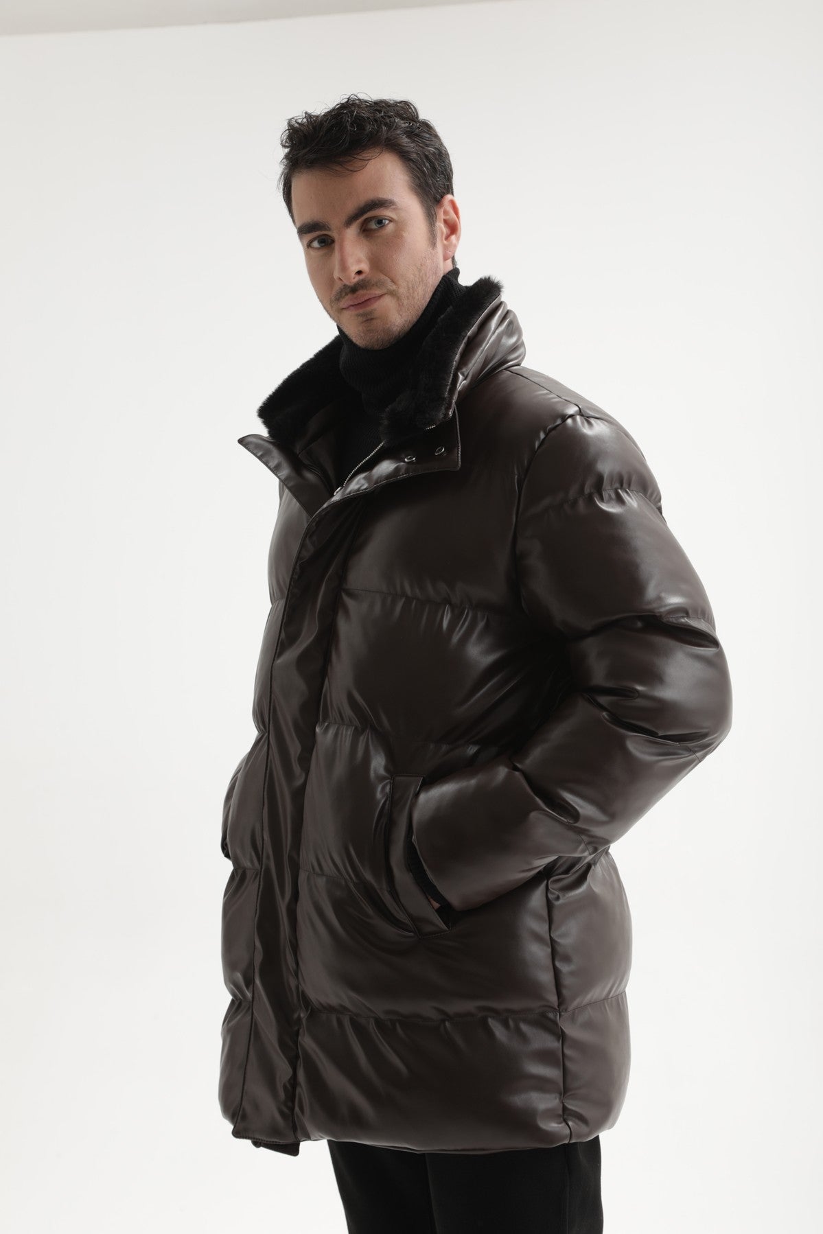 Antioch Men's Faux Leather Long Puffer Jacket with Fur Collar