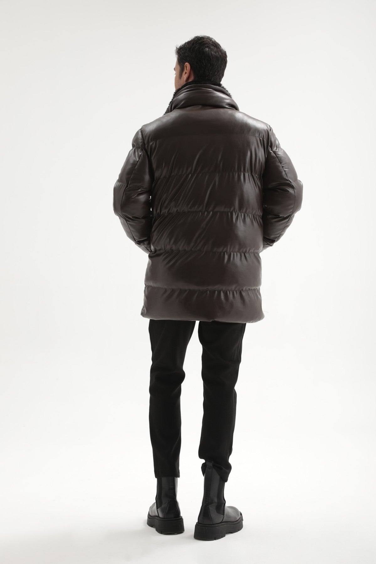 Antioch Men's Faux Leather Long Puffer Jacket with Fur Collar
