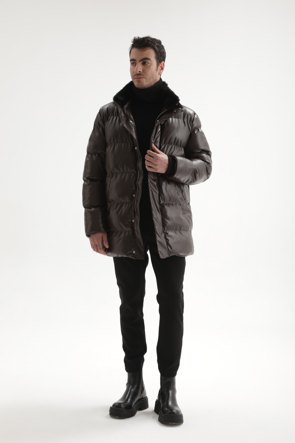 Antioch Men's Faux Leather Long Puffer Jacket with Fur Collar