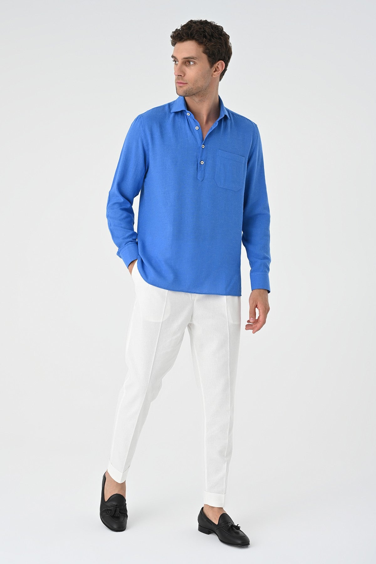 Men's Long-Sleeved Shirt with Half-Button Closure