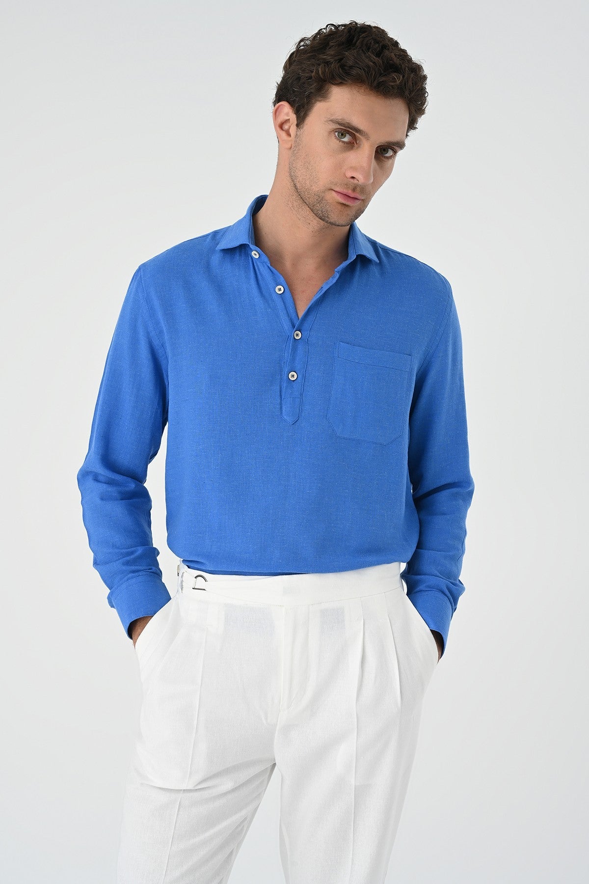 Men's Long-Sleeved Shirt with Half-Button Closure