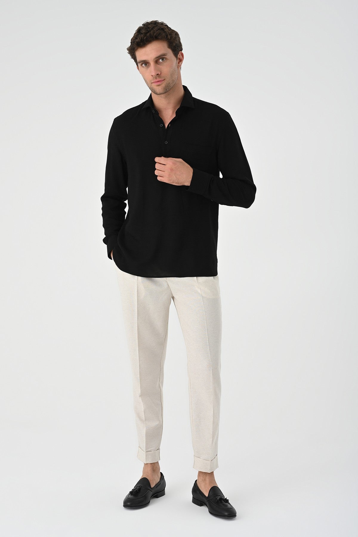 Men's Long-Sleeved Shirt with Half-Button Closure