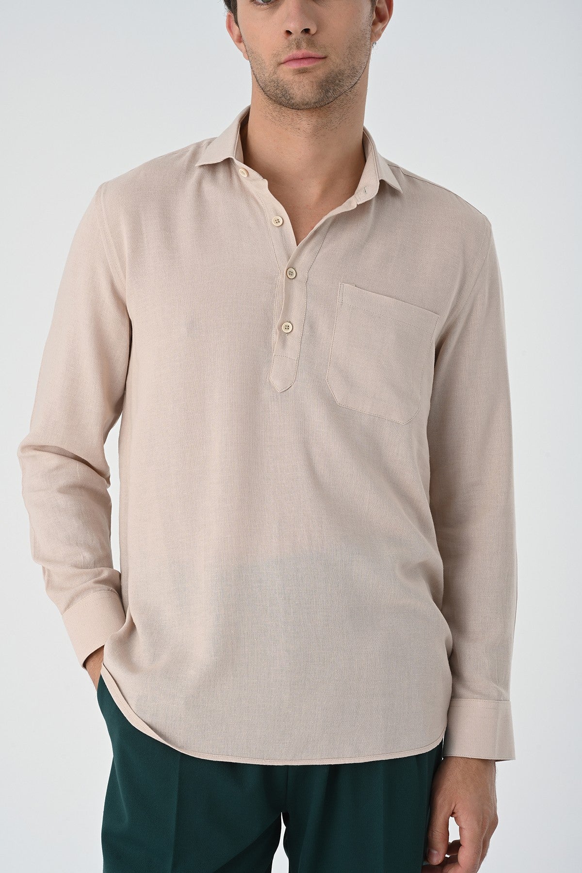 Men's Long-Sleeved Shirt with Half-Button Closure