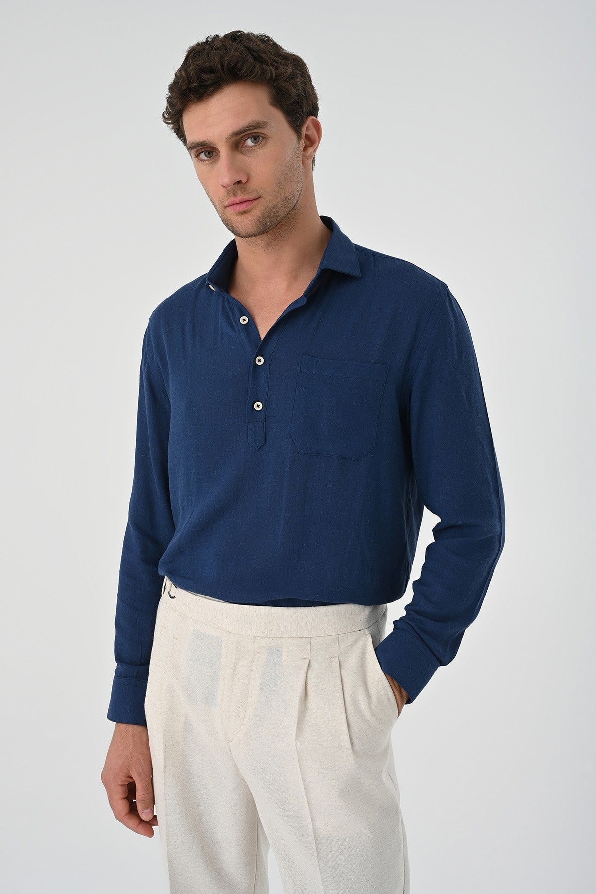Men's Long-Sleeved Shirt with Half-Button Closure