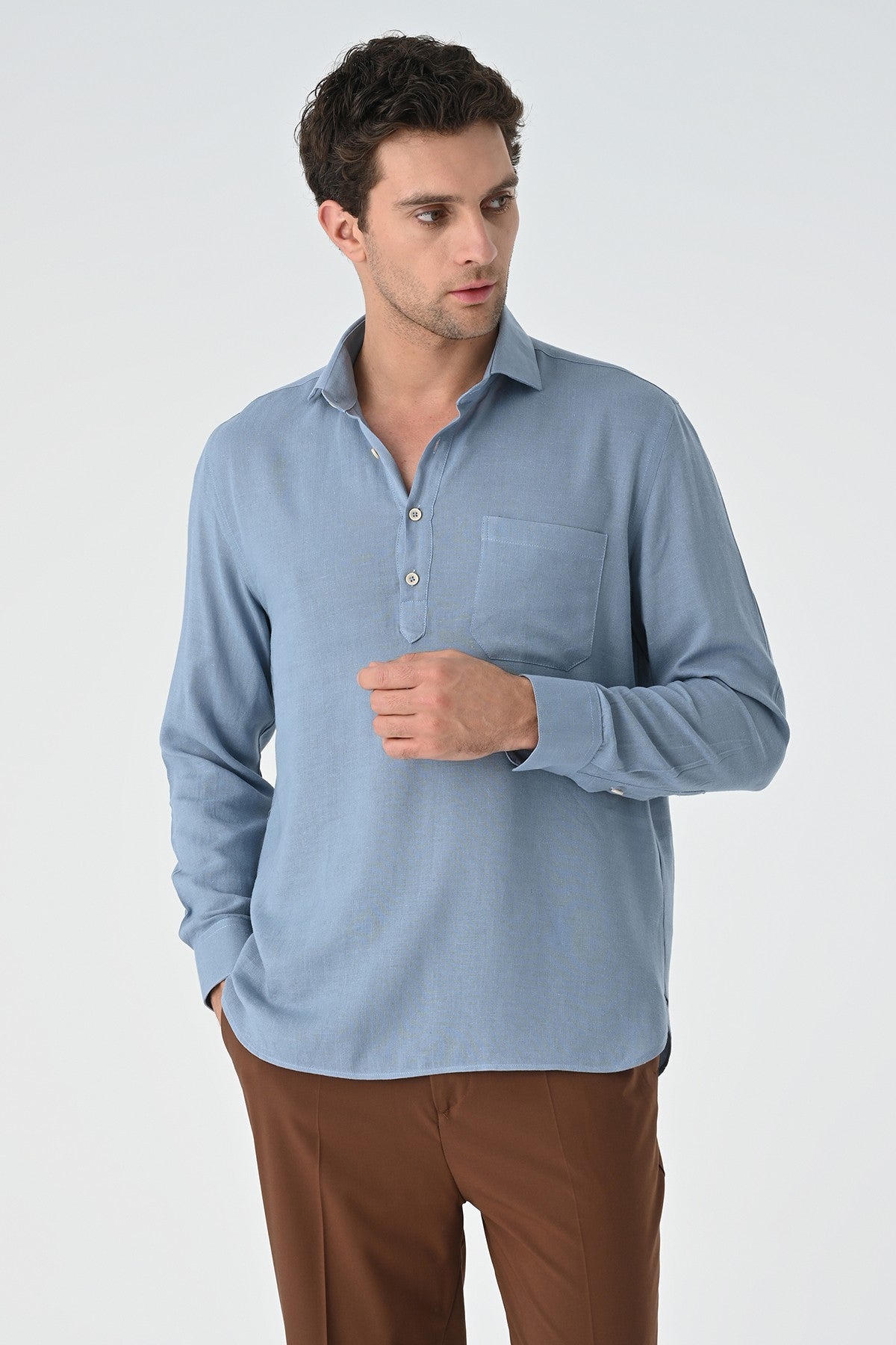 Men's Long-Sleeved Shirt with Half-Button Closure