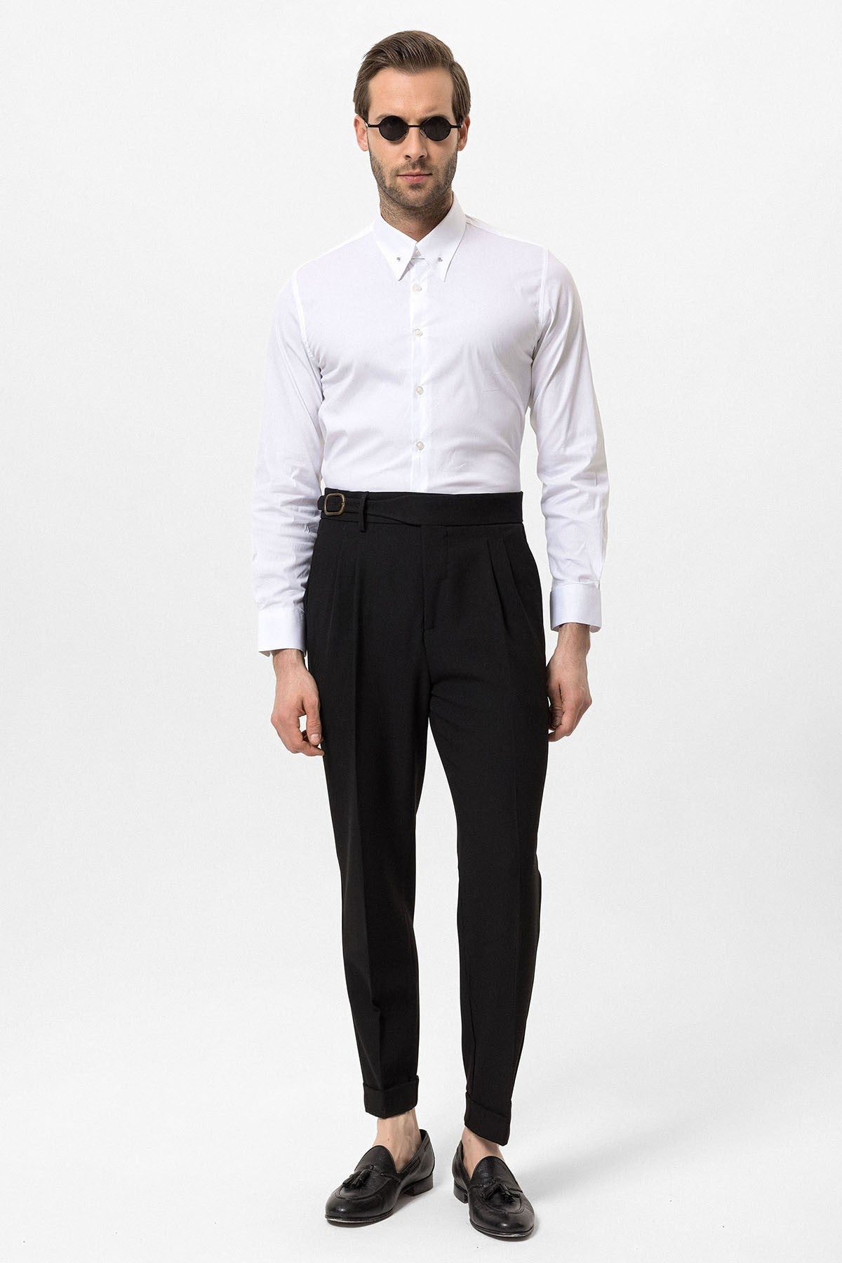 High-Waisted Pleated Men's Pants with Buckle Detail