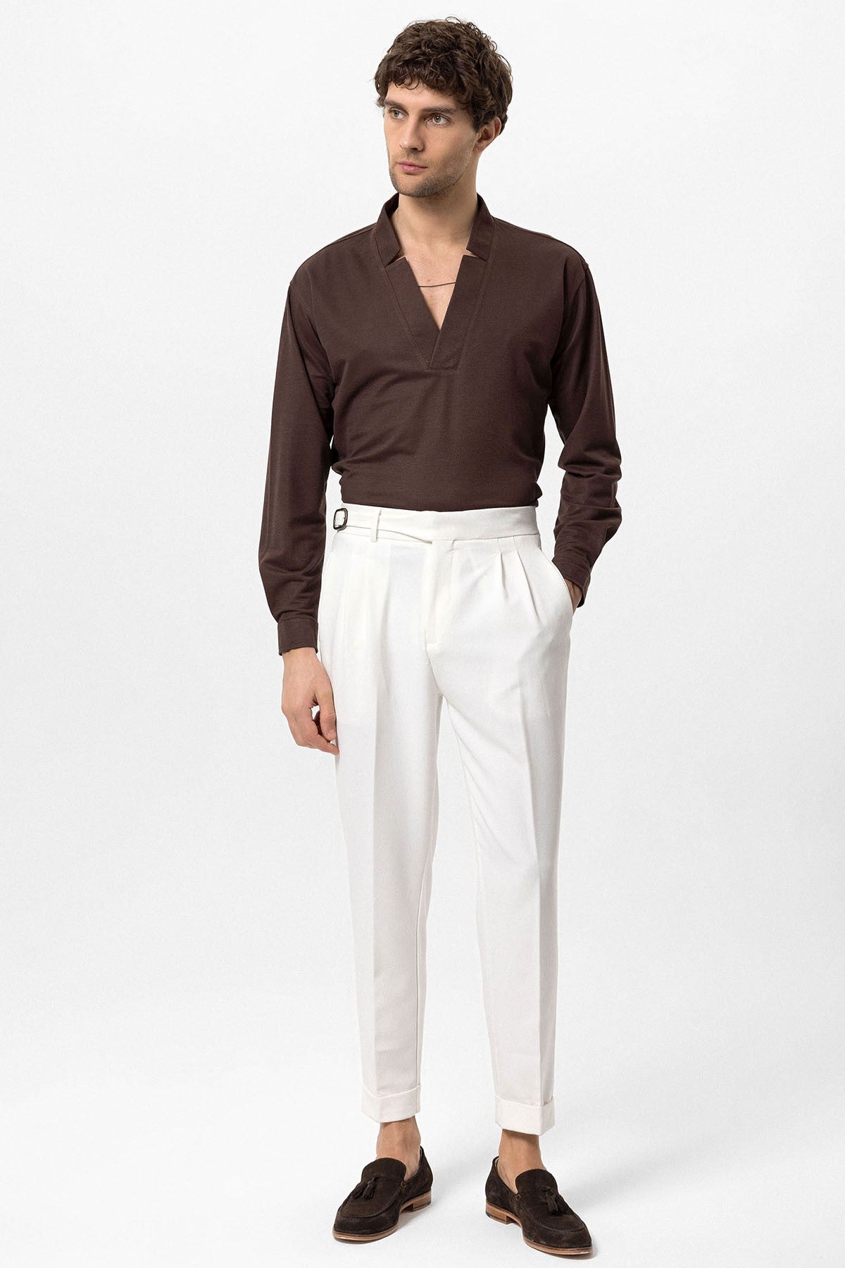 High-Waisted Pleated Men's Pants with Buckle Detail