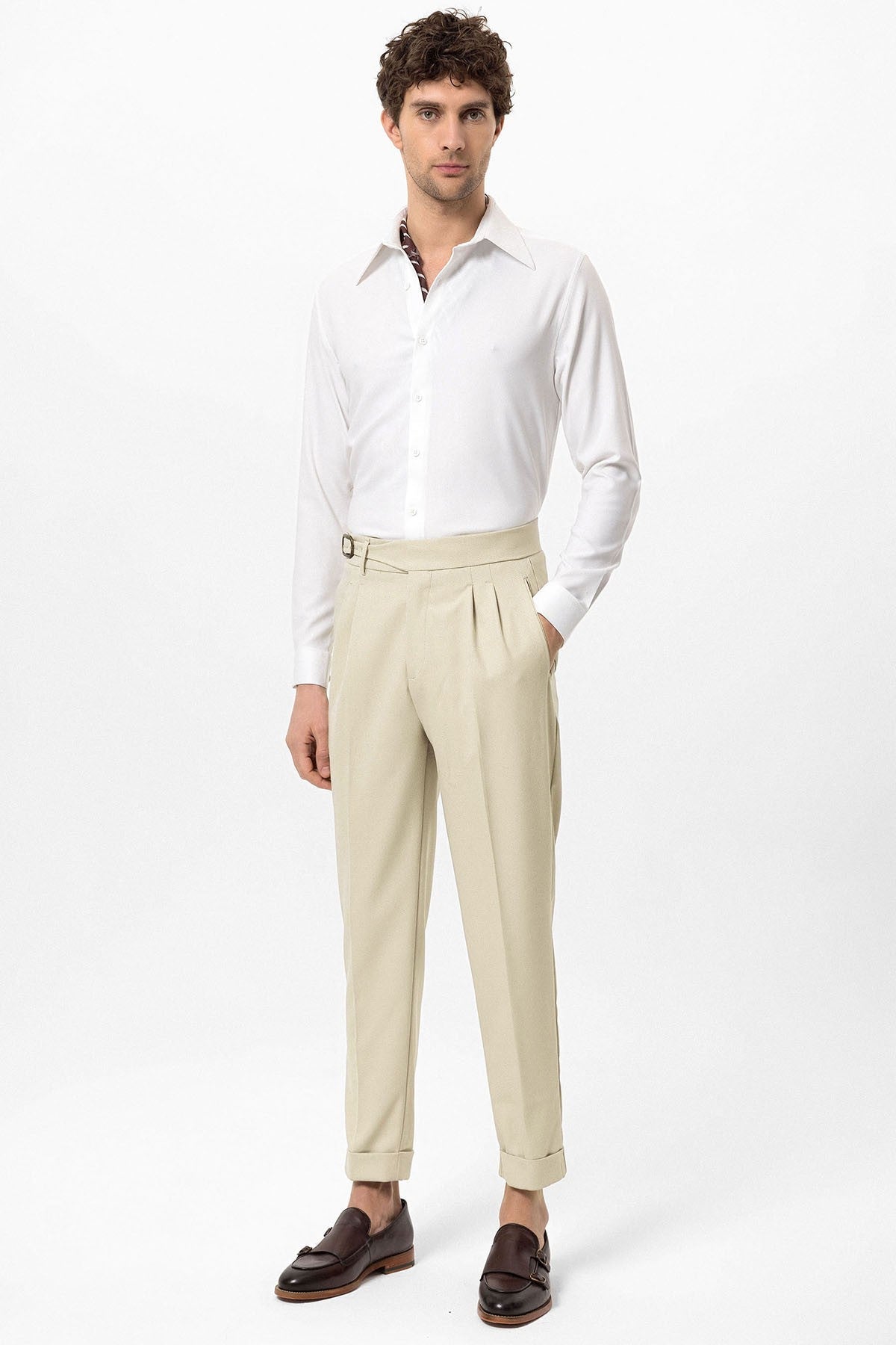 High-Waisted Pleated Men's Pants with Buckle Detail