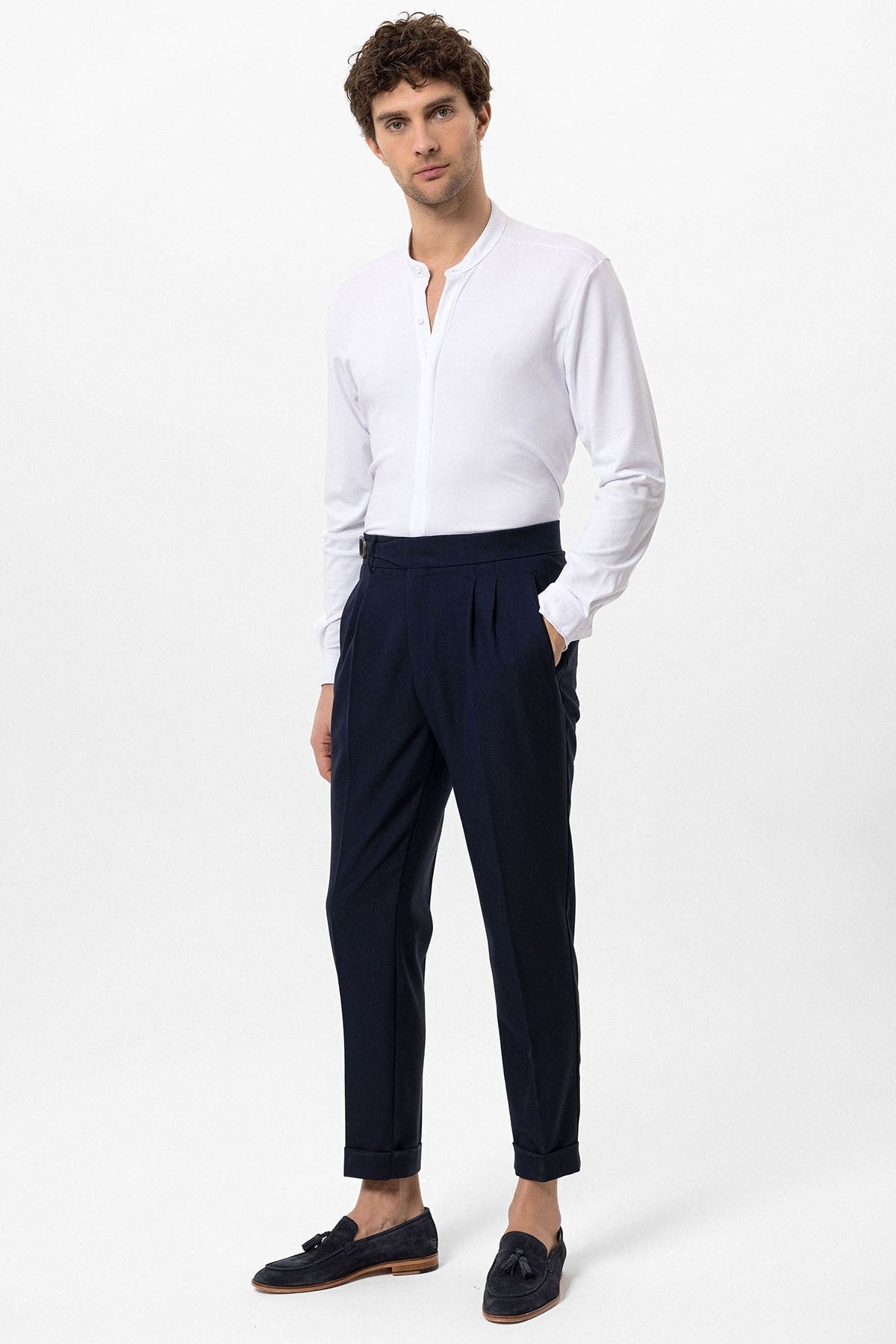 High-Waisted Pleated Men's Pants with Buckle Detail