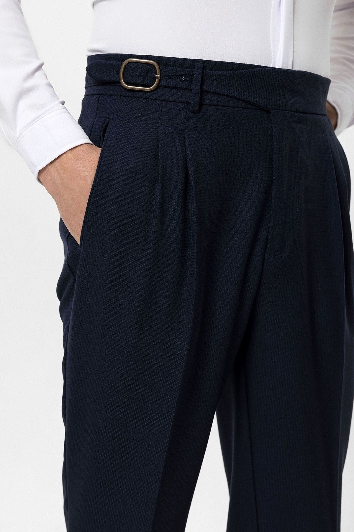 High-Waisted Pleated Men's Pants with Buckle Detail