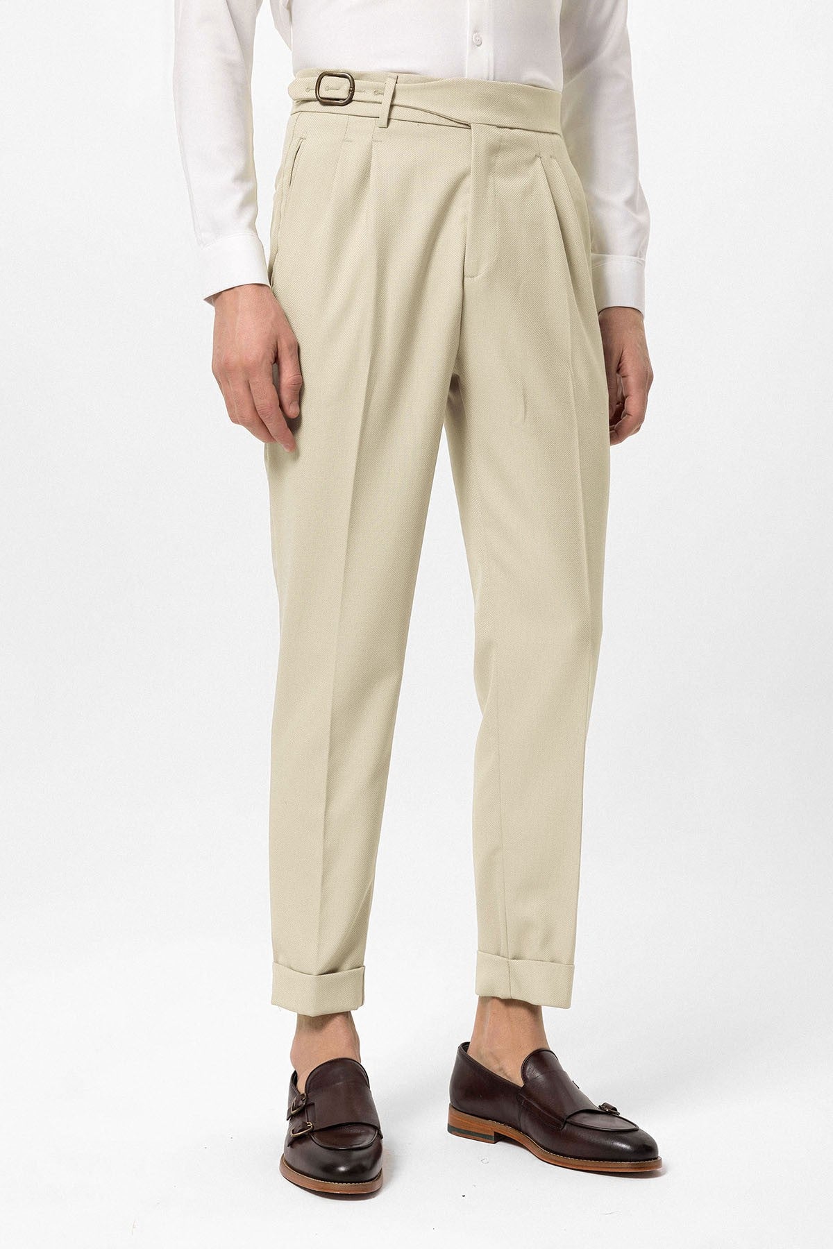 High-Waisted Pleated Men's Pants with Buckle Detail