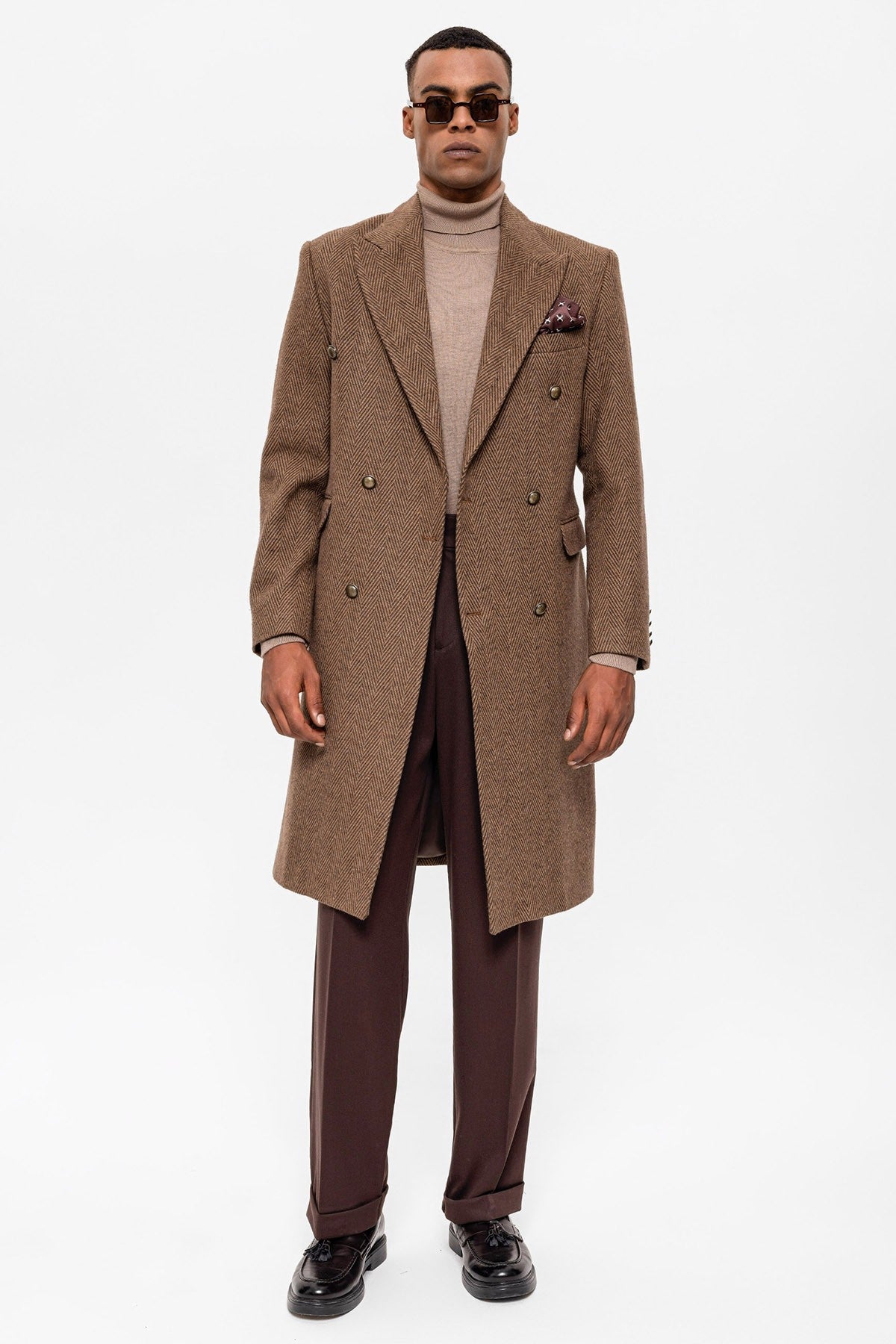 Antioch Herringbone-Patterned Double-Breasted Men's Coat