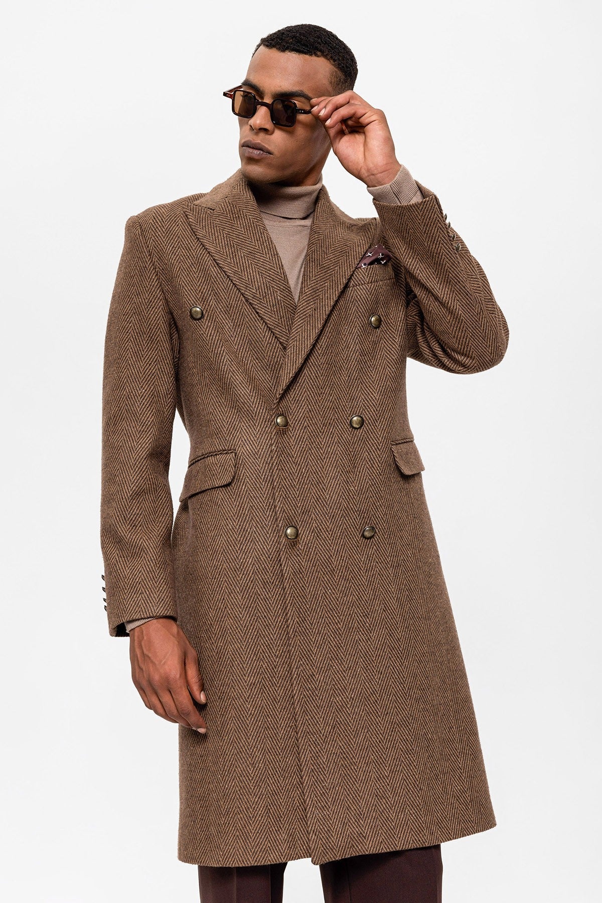 Antioch Herringbone-Patterned Double-Breasted Men's Coat