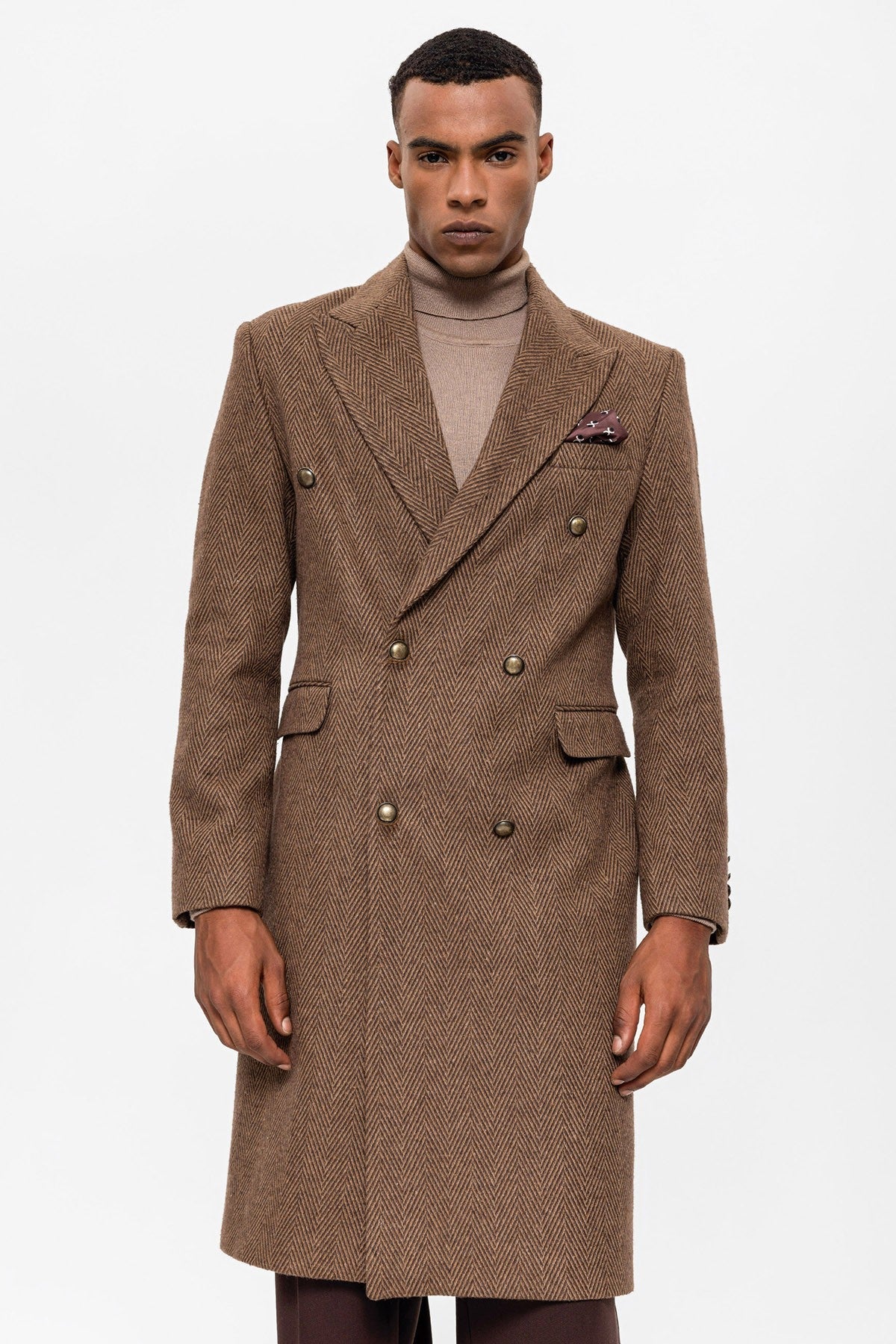 Antioch Herringbone-Patterned Double-Breasted Men's Coat