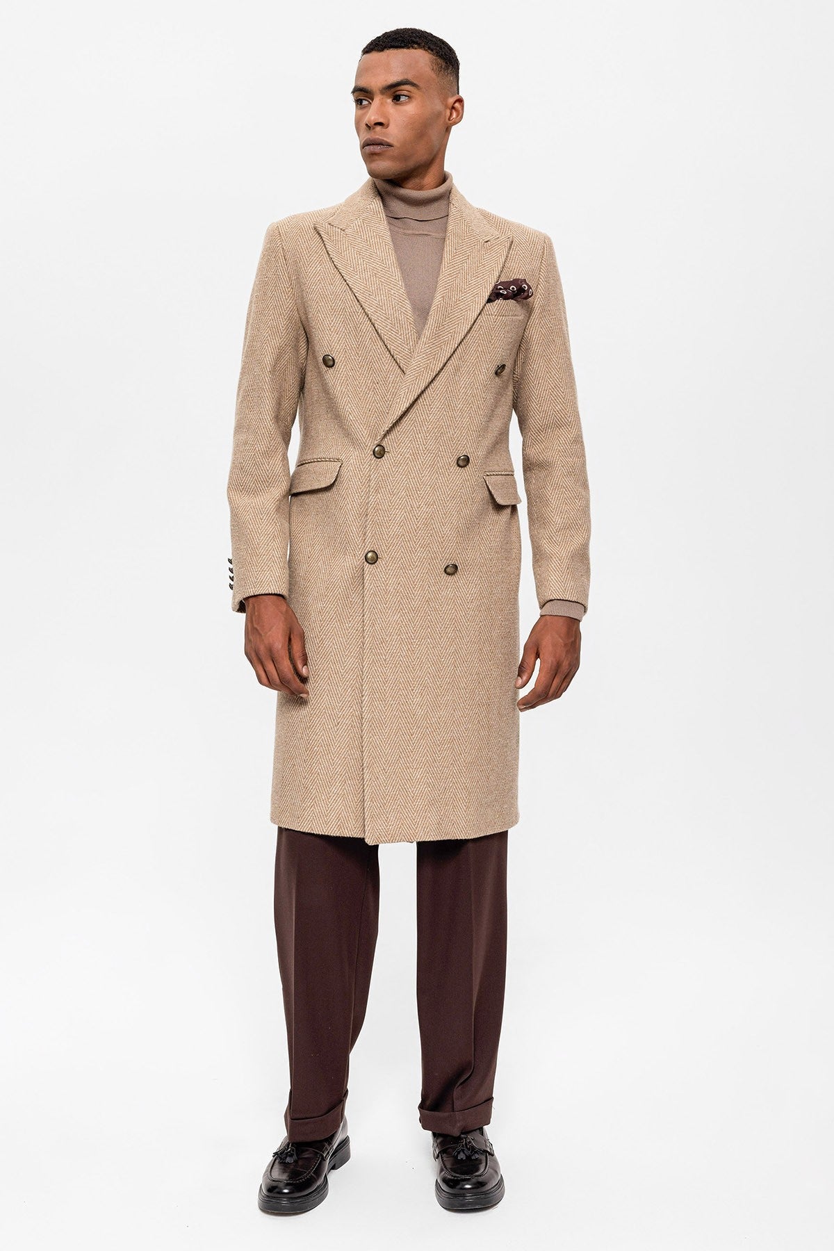 Antioch Herringbone-Patterned Double-Breasted Men's Coat