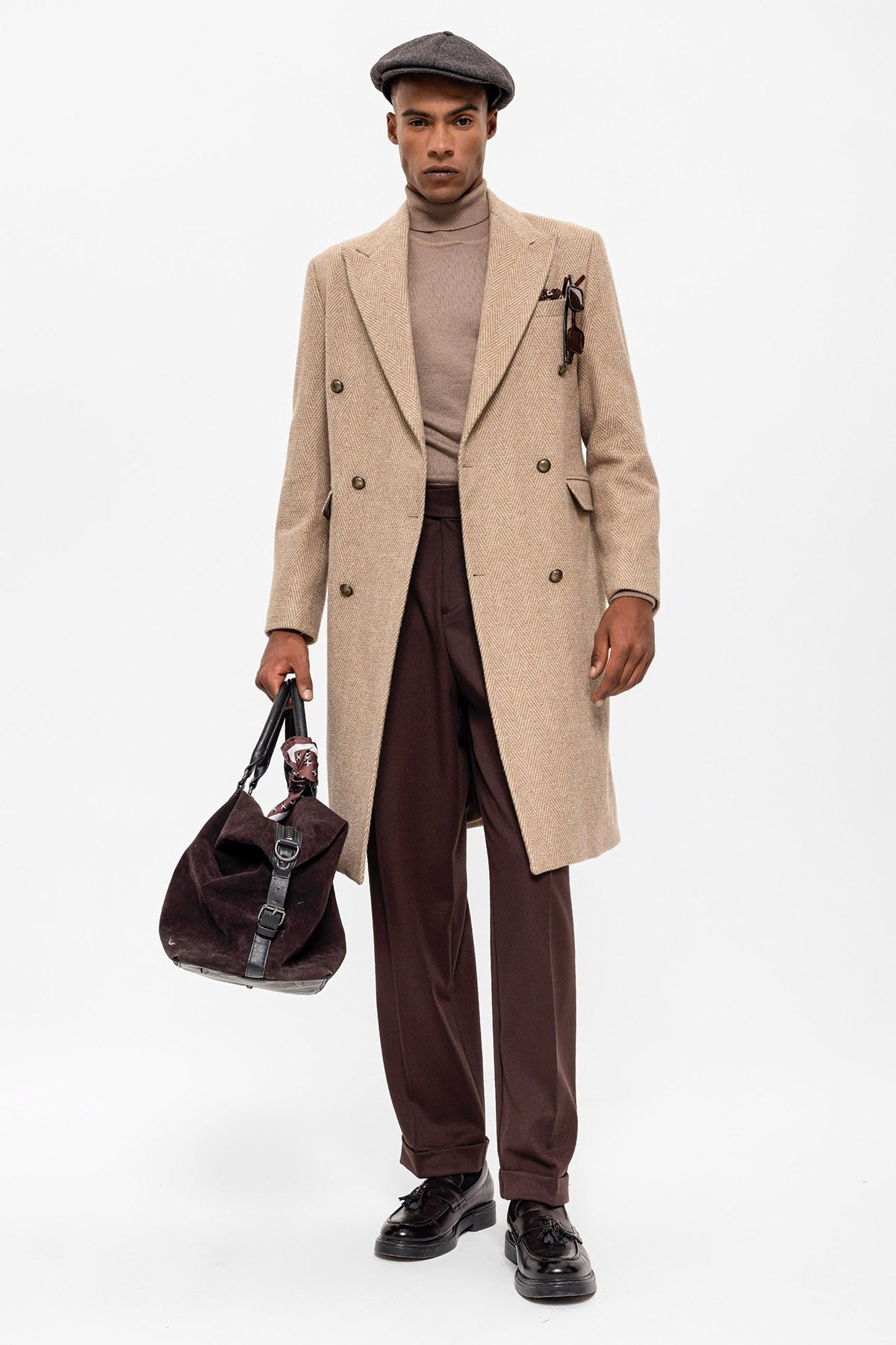 Antioch Herringbone-Patterned Double-Breasted Men's Coat