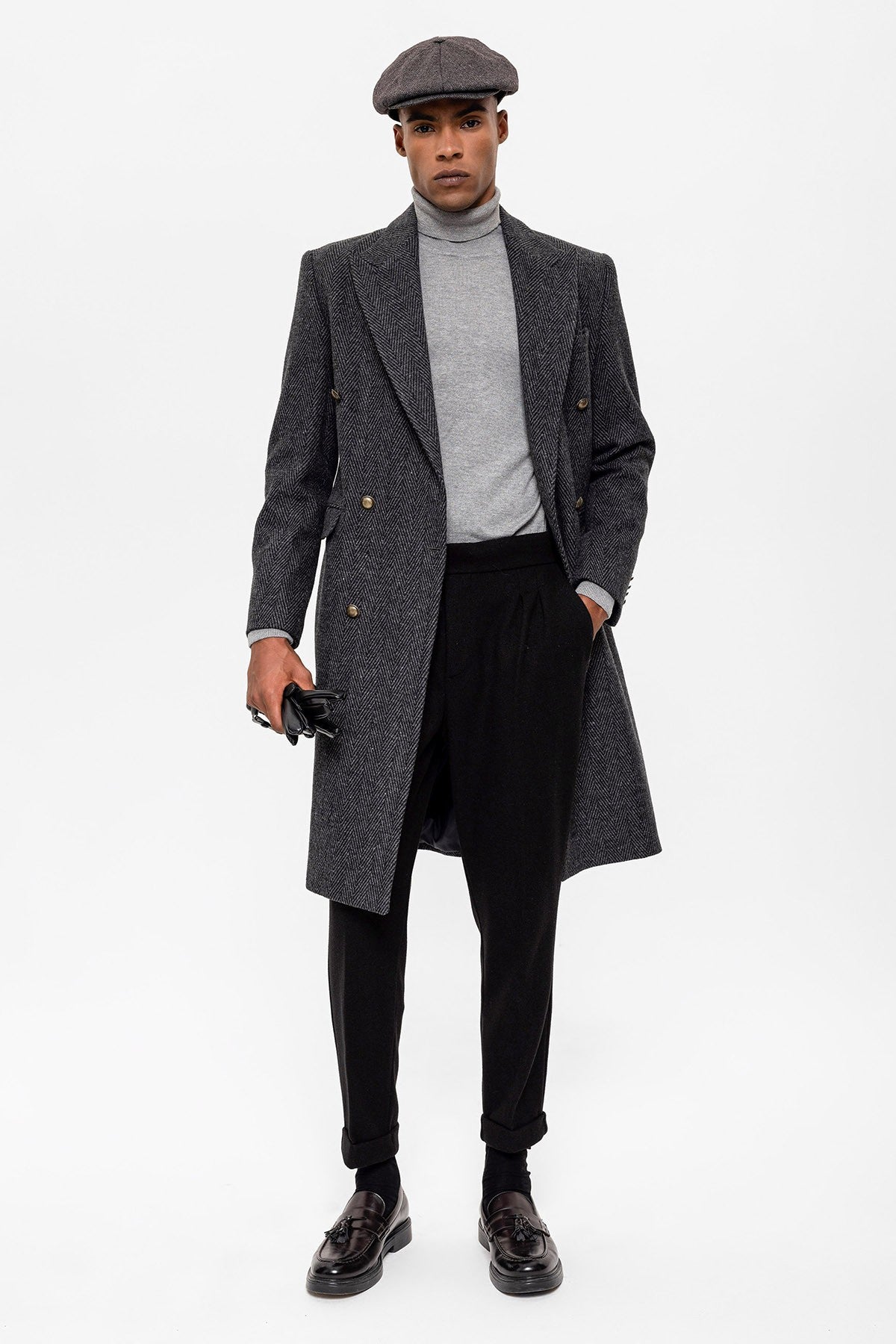 Antioch Herringbone-Patterned Double-Breasted Men's Coat