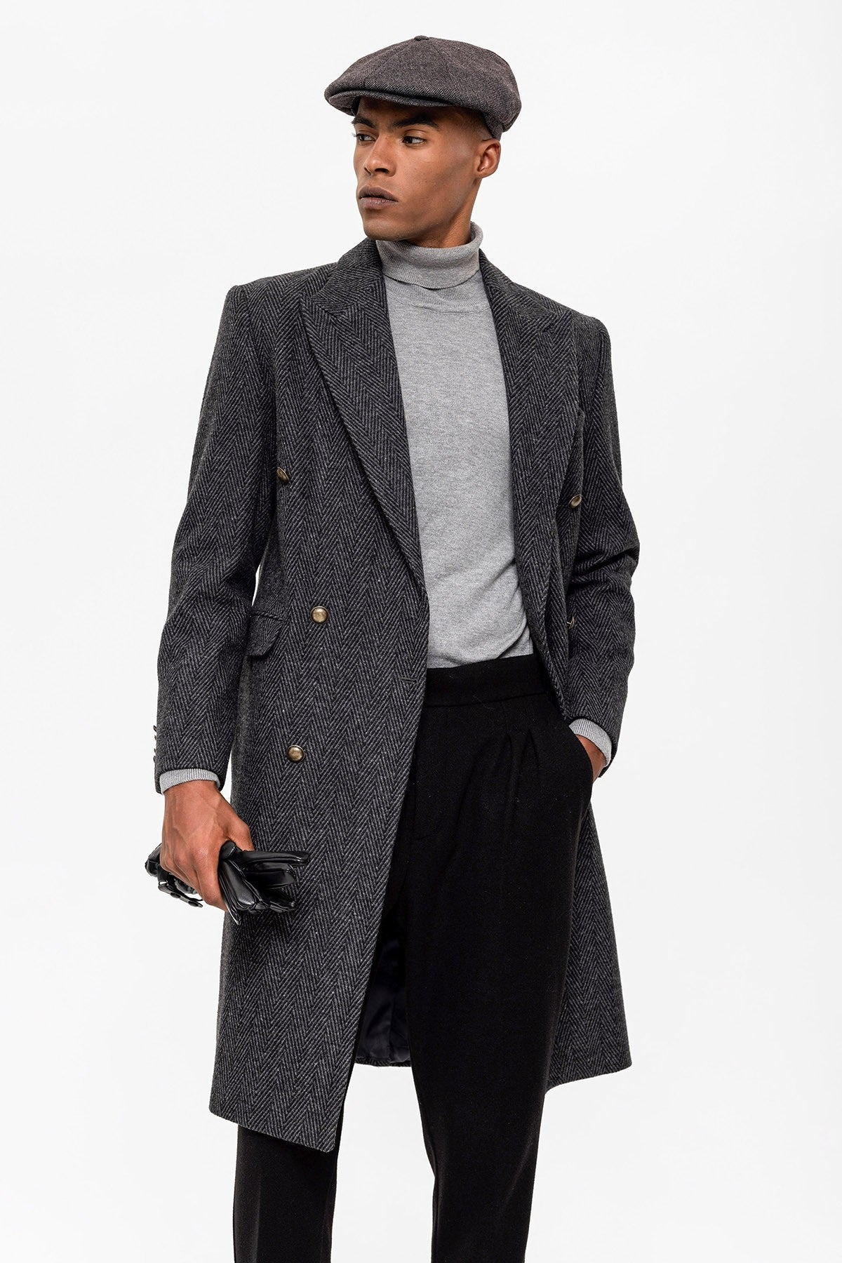 Antioch Herringbone-Patterned Double-Breasted Men's Coat