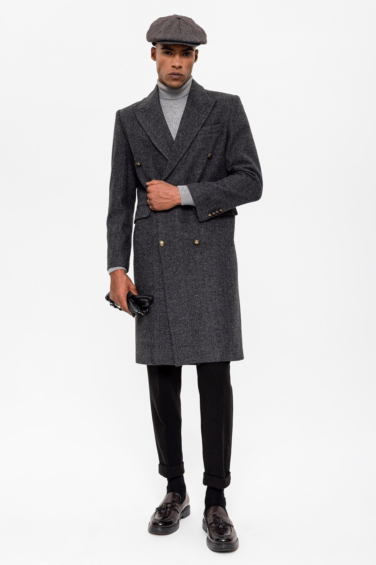 Antioch Herringbone-Patterned Double-Breasted Men's Coat