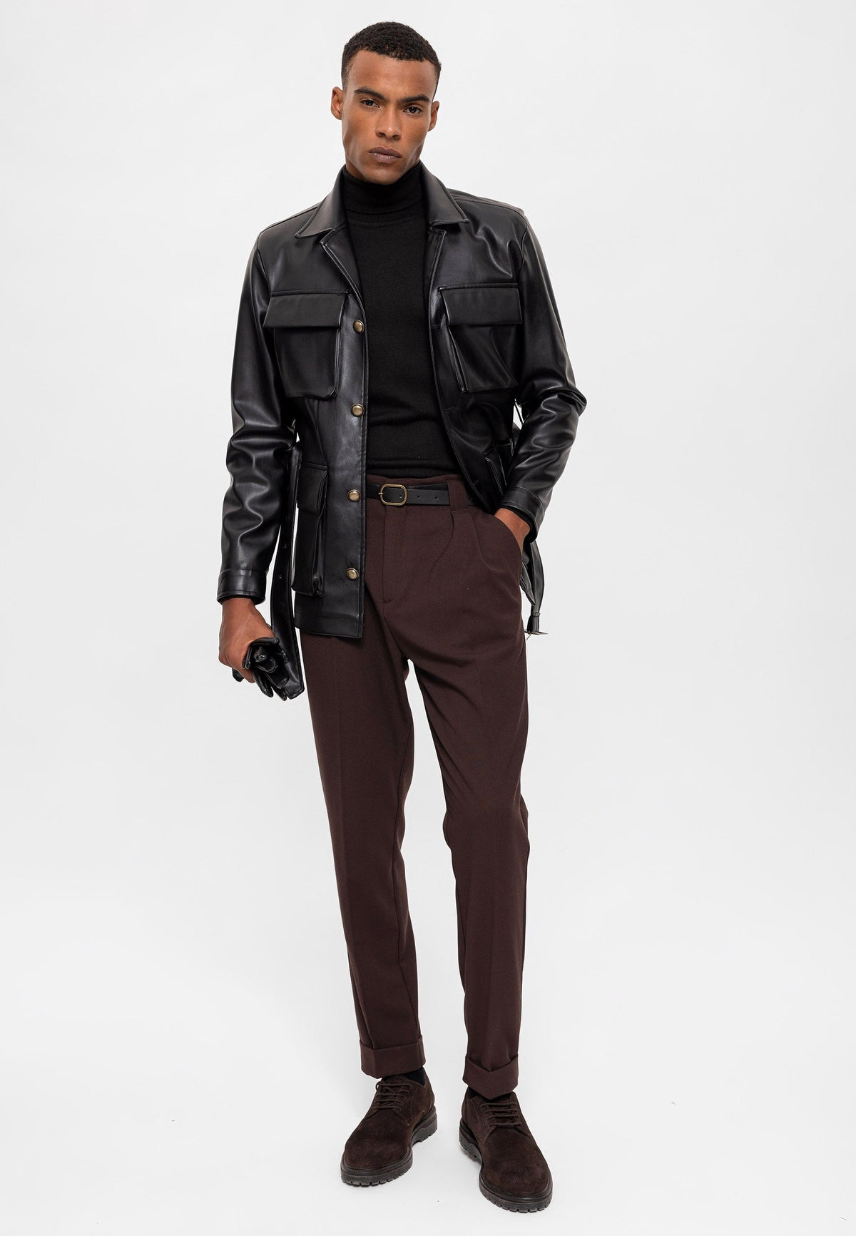 Antioch Slim-Fit Faux Leather Men's Jacket with Belt
