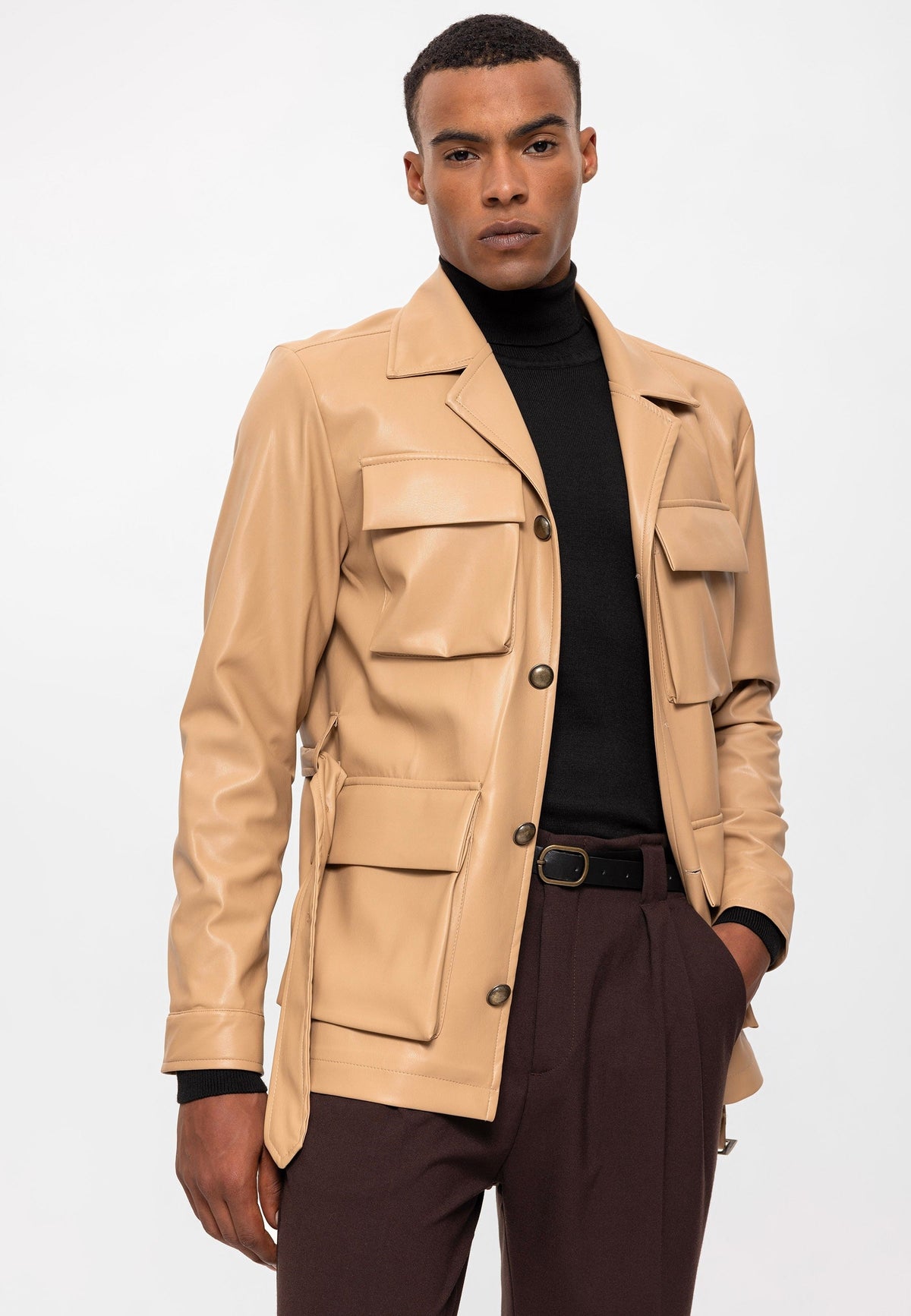 Antioch Slim-Fit Faux Leather Men's Jacket with Belt
