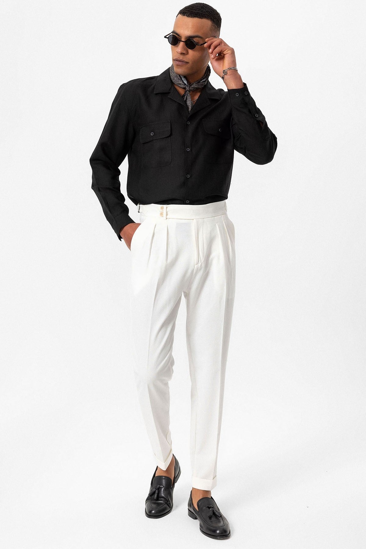 Antioch Apache Collar Linen-Blend Long-Sleeve Men's Shirt
