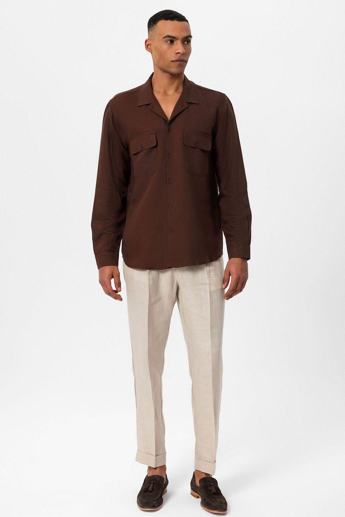 Antioch Apache Collar Linen-Blend Long-Sleeve Men's Shirt