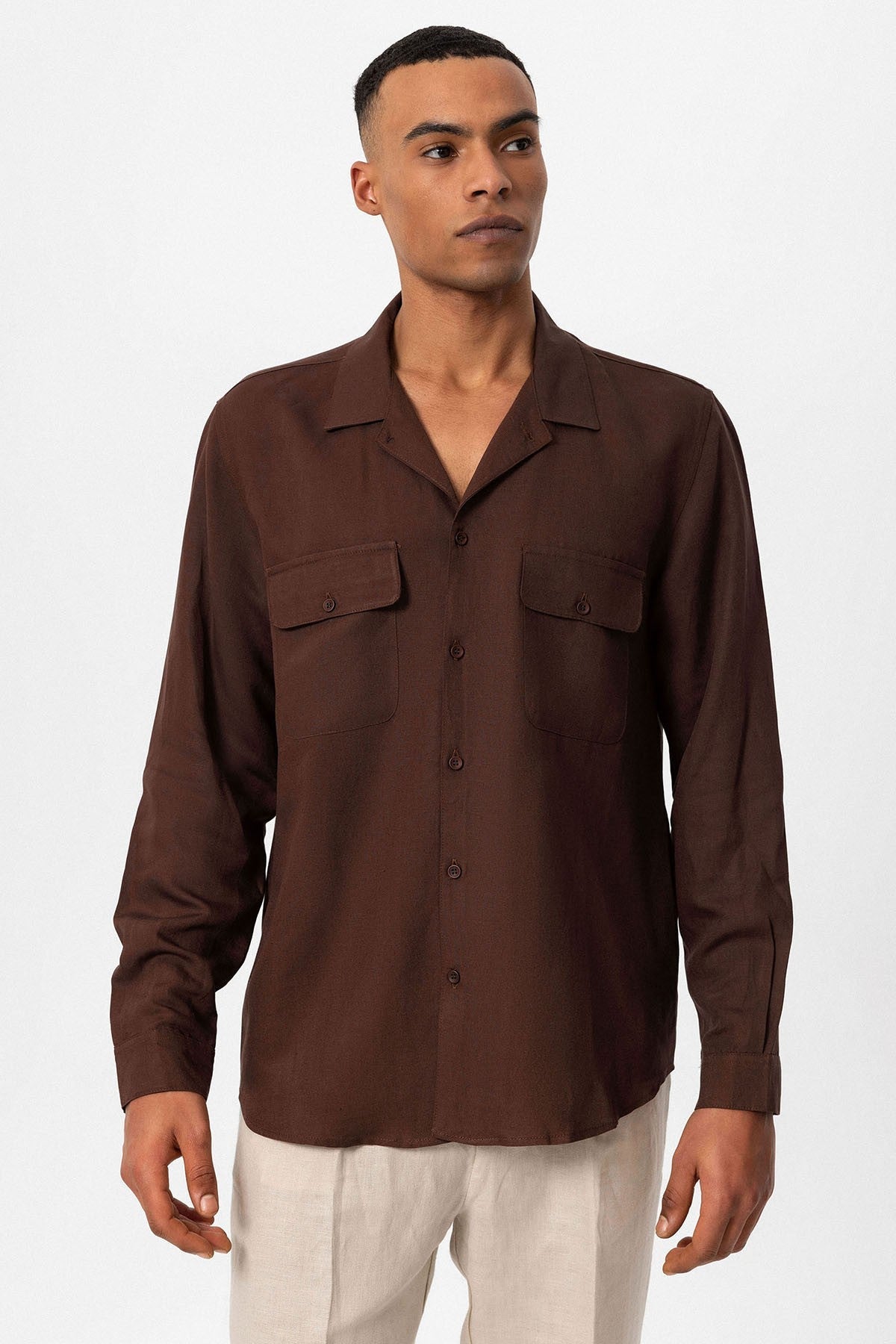 Antioch Apache Collar Linen-Blend Long-Sleeve Men's Shirt