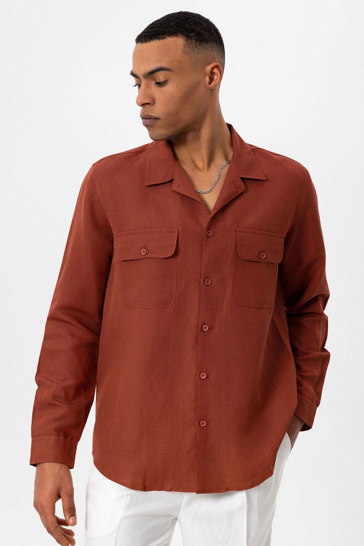 Antioch Apache Collar Linen-Blend Long-Sleeve Men's Shirt
