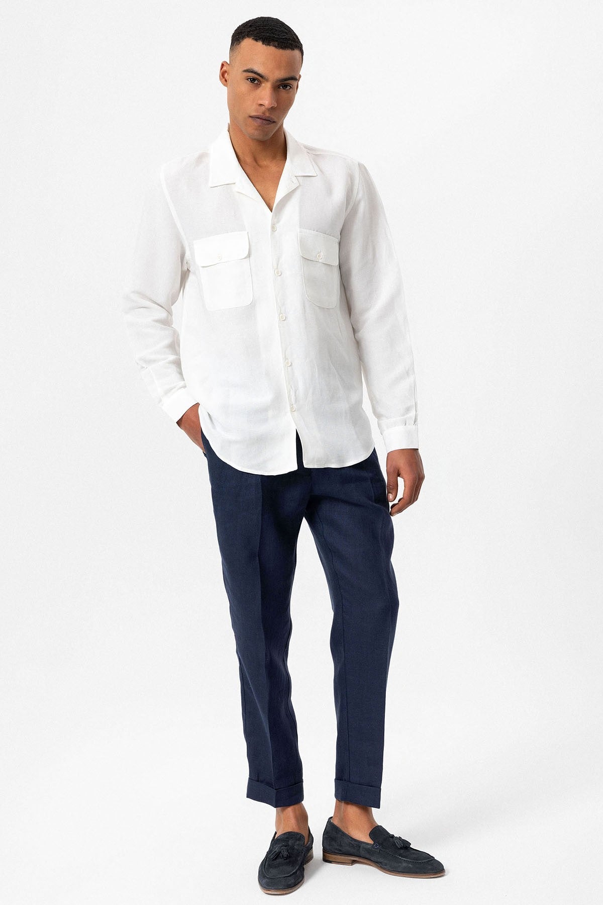 Antioch Apache Collar Linen-Blend Long-Sleeve Men's Shirt