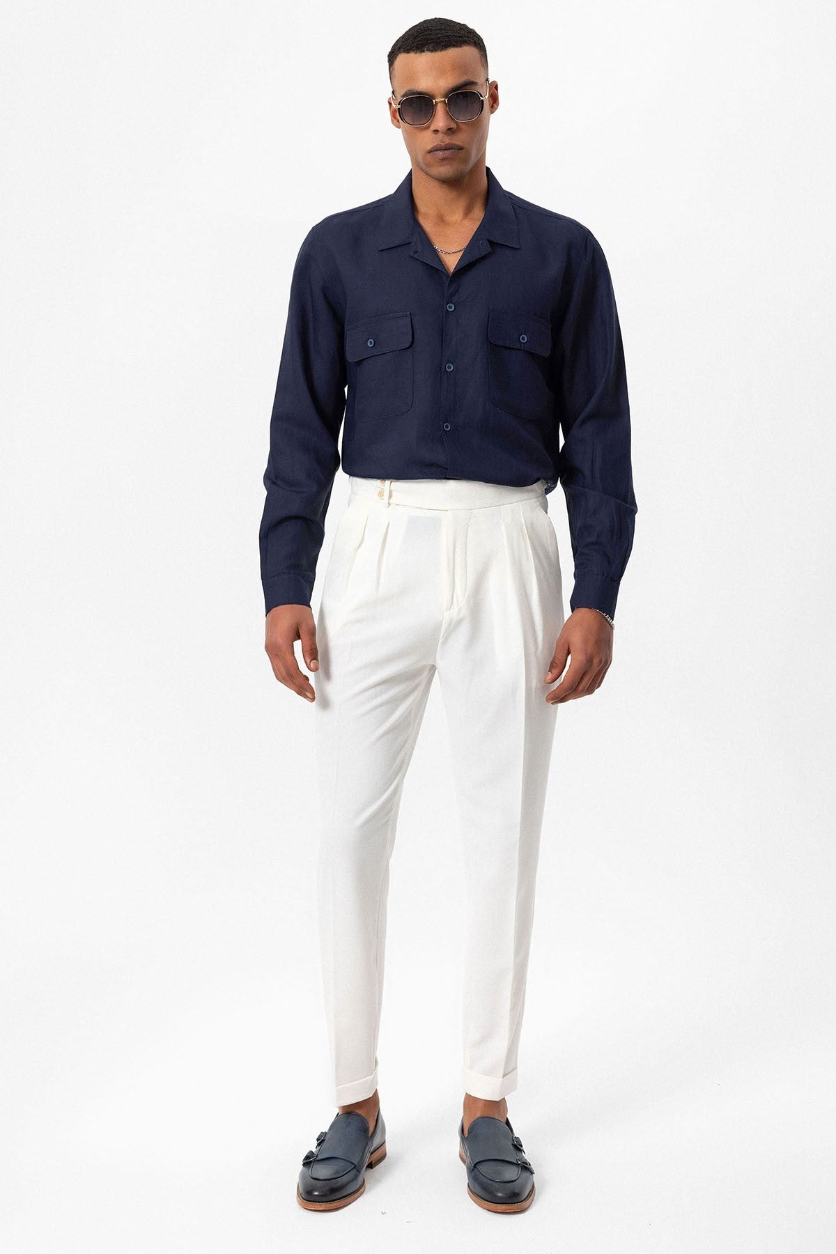 Antioch Apache Collar Linen-Blend Long-Sleeve Men's Shirt