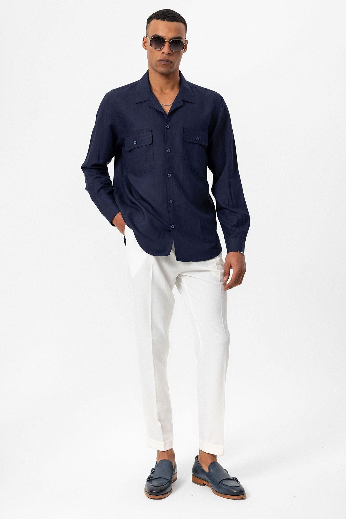 Antioch Apache Collar Linen-Blend Long-Sleeve Men's Shirt