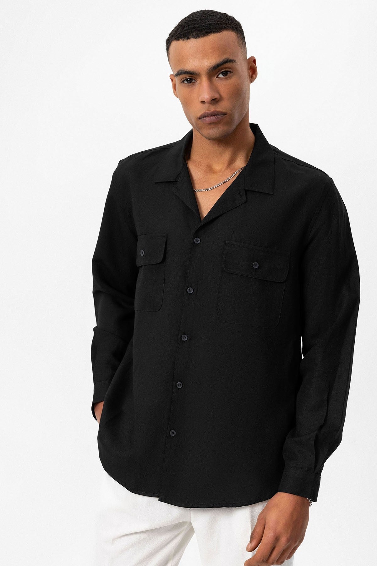 Antioch Apache Collar Linen-Blend Long-Sleeve Men's Shirt