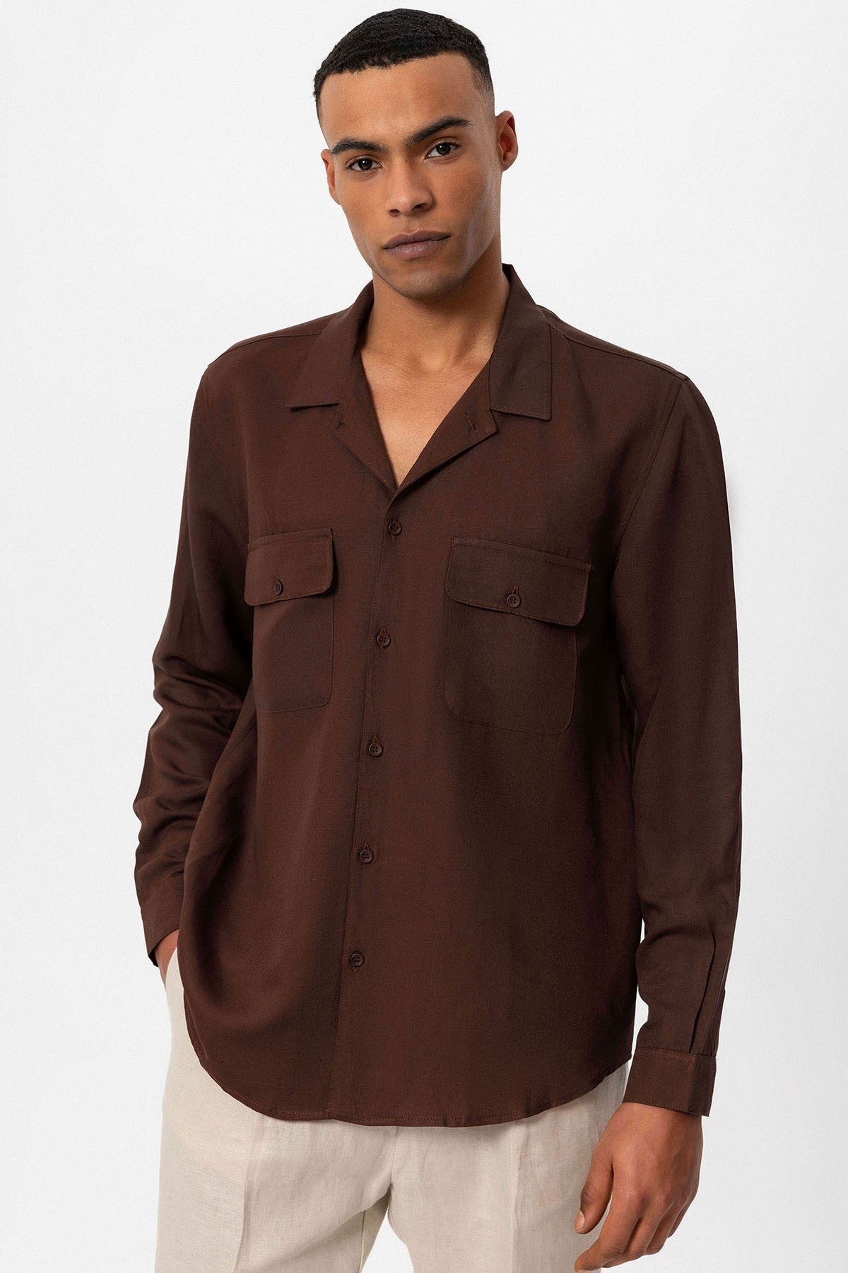 Antioch Apache Collar Linen-Blend Long-Sleeve Men's Shirt