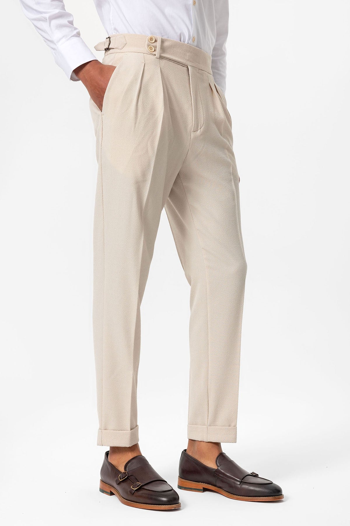 High-Waisted Pleated Textured Men's Pants