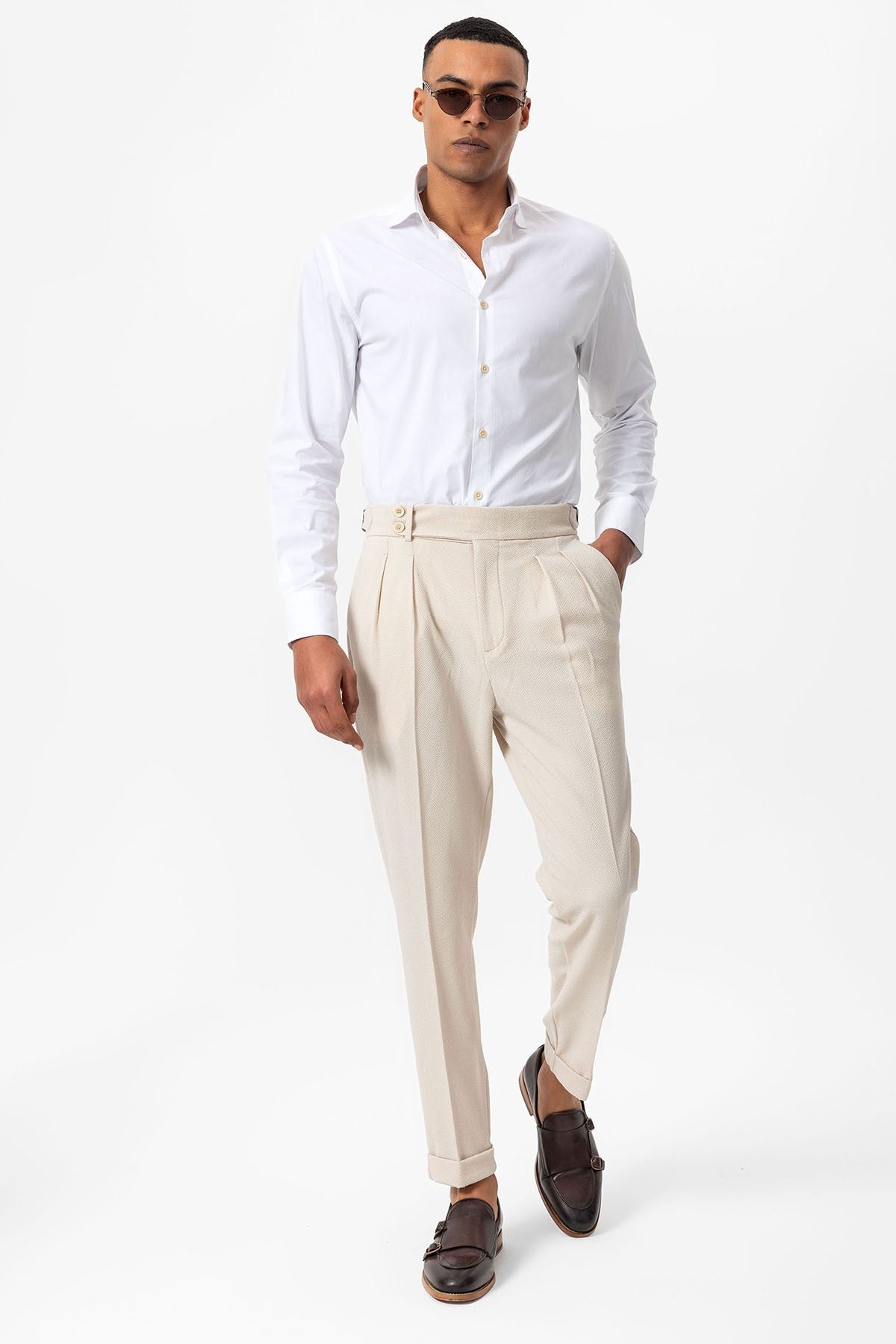 High-Waisted Pleated Textured Men's Pants