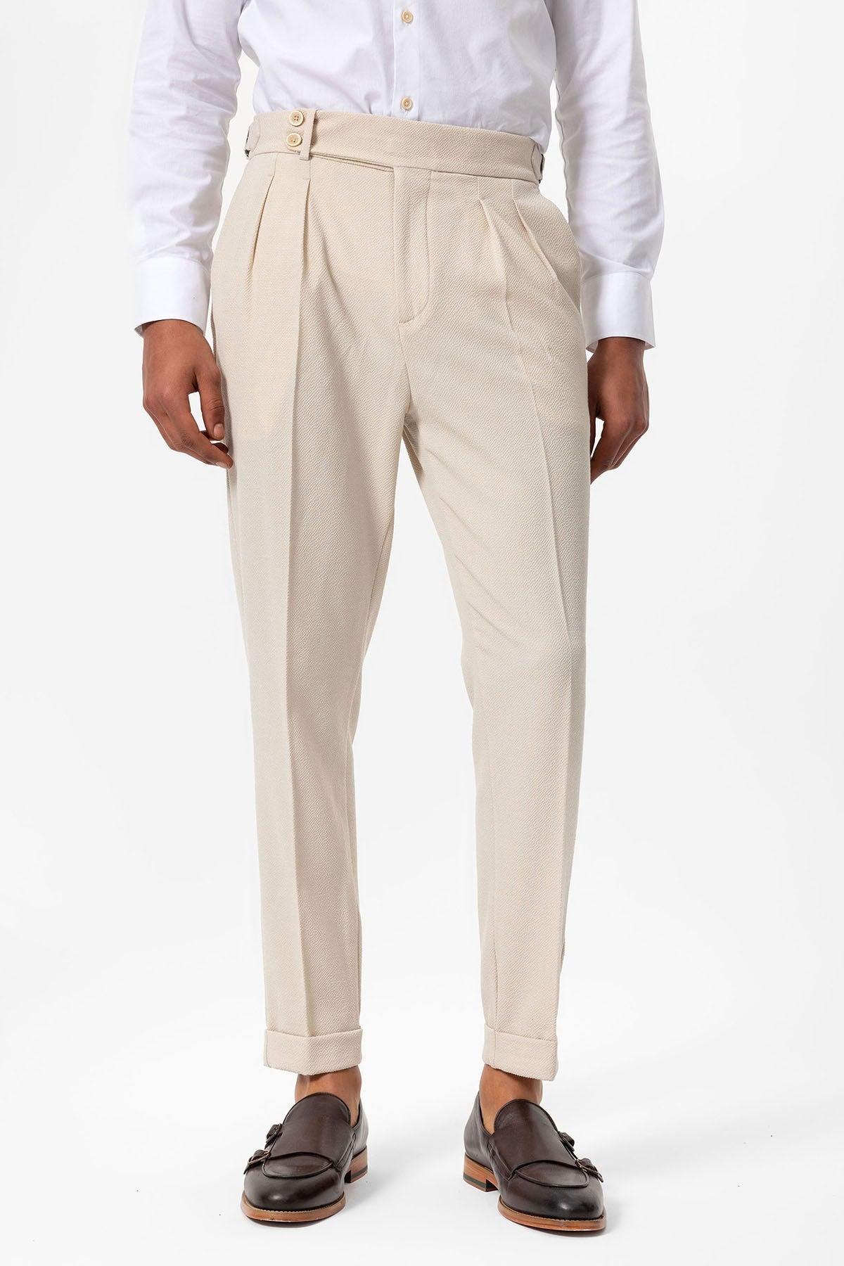 High-Waisted Pleated Textured Men's Pants