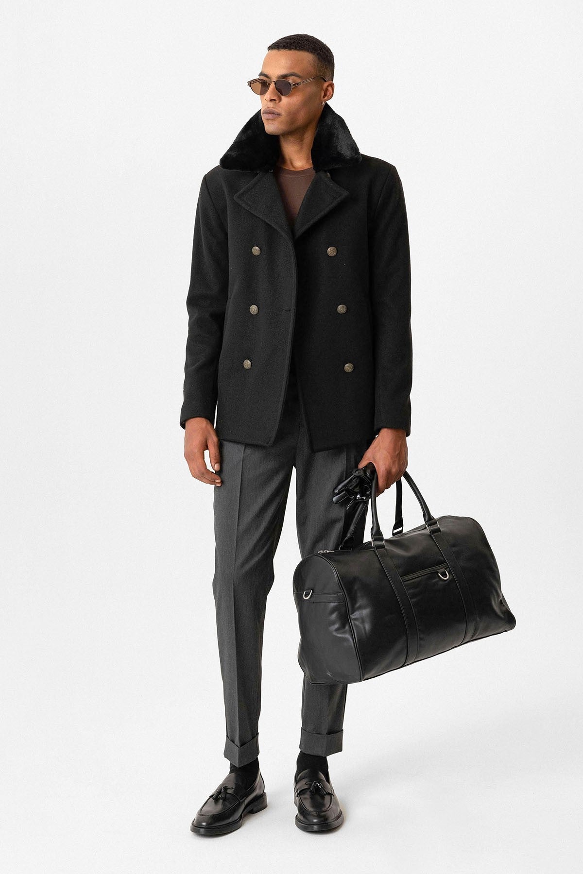 Antioch Men's Coat with Fur Collar and Double-Breasted Closure