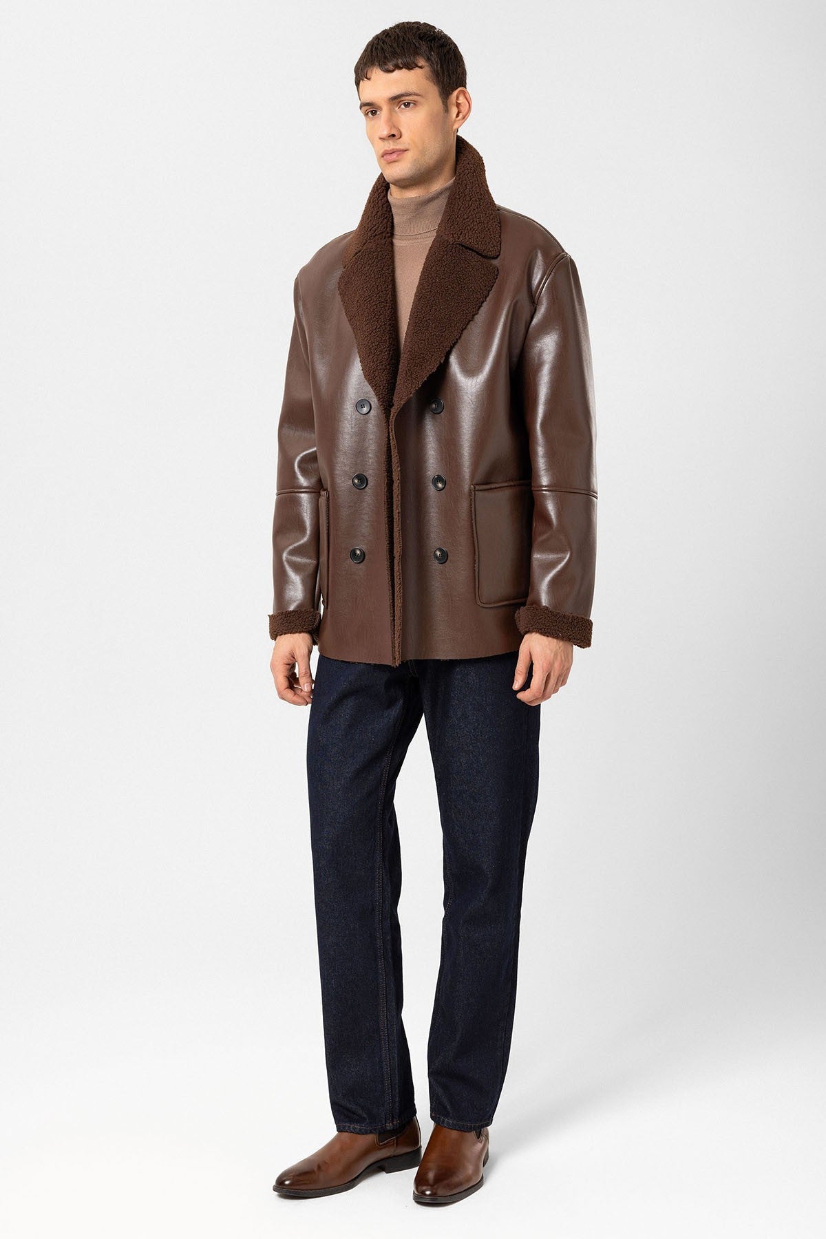 Antioch Astar Detailed Faux Leather Double-Breasted Men's Coat