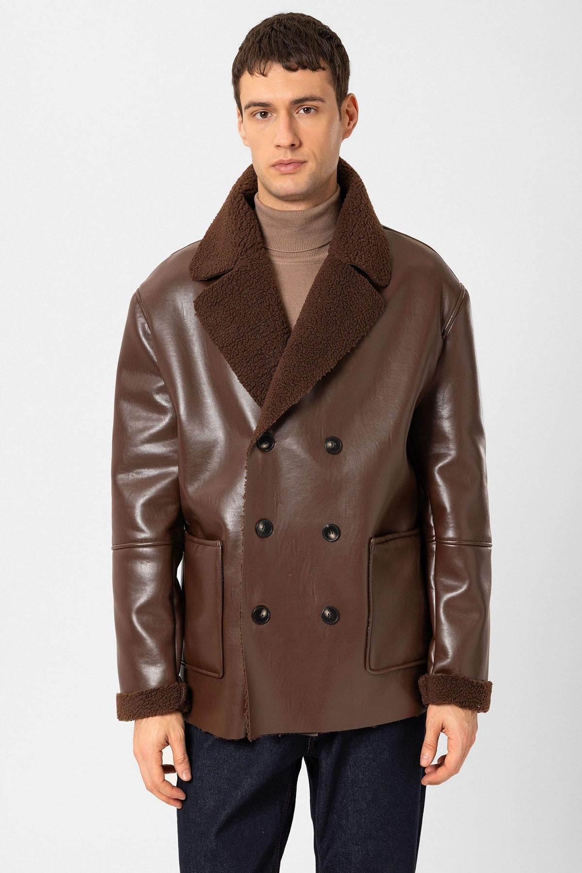 Antioch Astar Detailed Faux Leather Double-Breasted Men's Coat